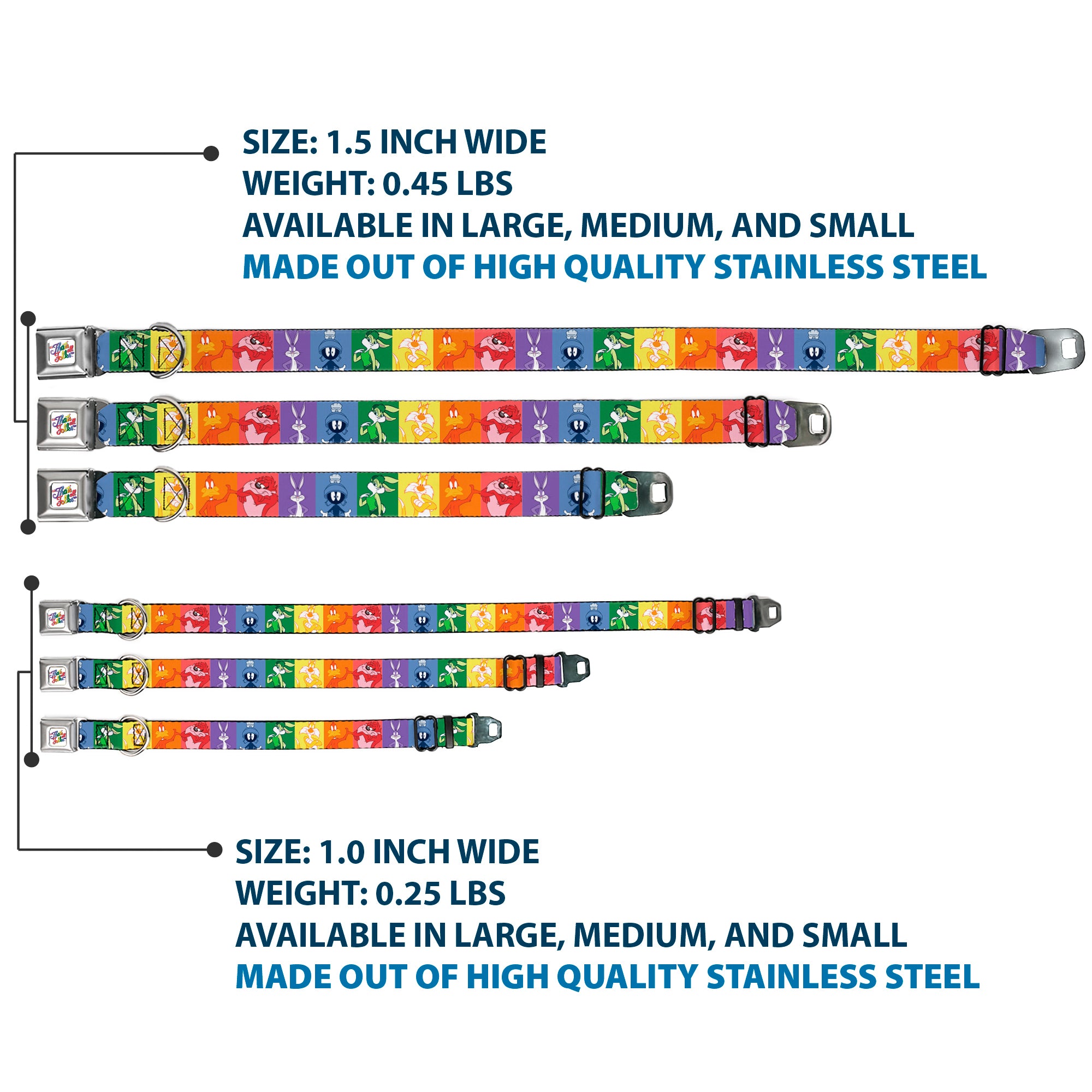 Looney Tunes THAT'S ALL FOLKS Script Full Color White/Multi Color Seatbelt Buckle Collar - Looney Tunes 6-Character Pose Pride Blocks Multi Color Seatbelt Buckle Collars Looney Tunes