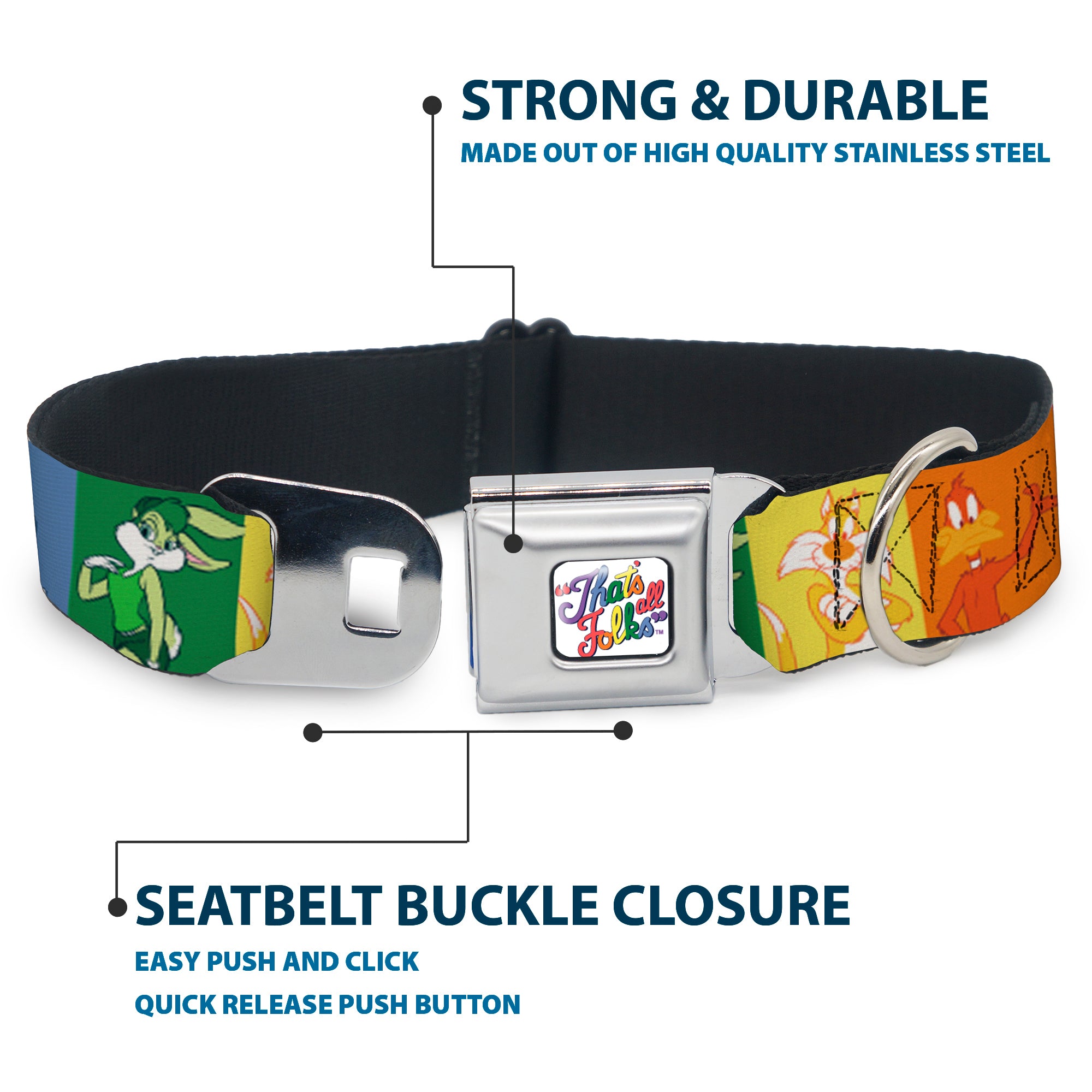Looney Tunes THAT'S ALL FOLKS Script Full Color White/Multi Color Seatbelt Buckle Collar - Looney Tunes 6-Character Pose Pride Blocks Multi Color Seatbelt Buckle Collars Looney Tunes
