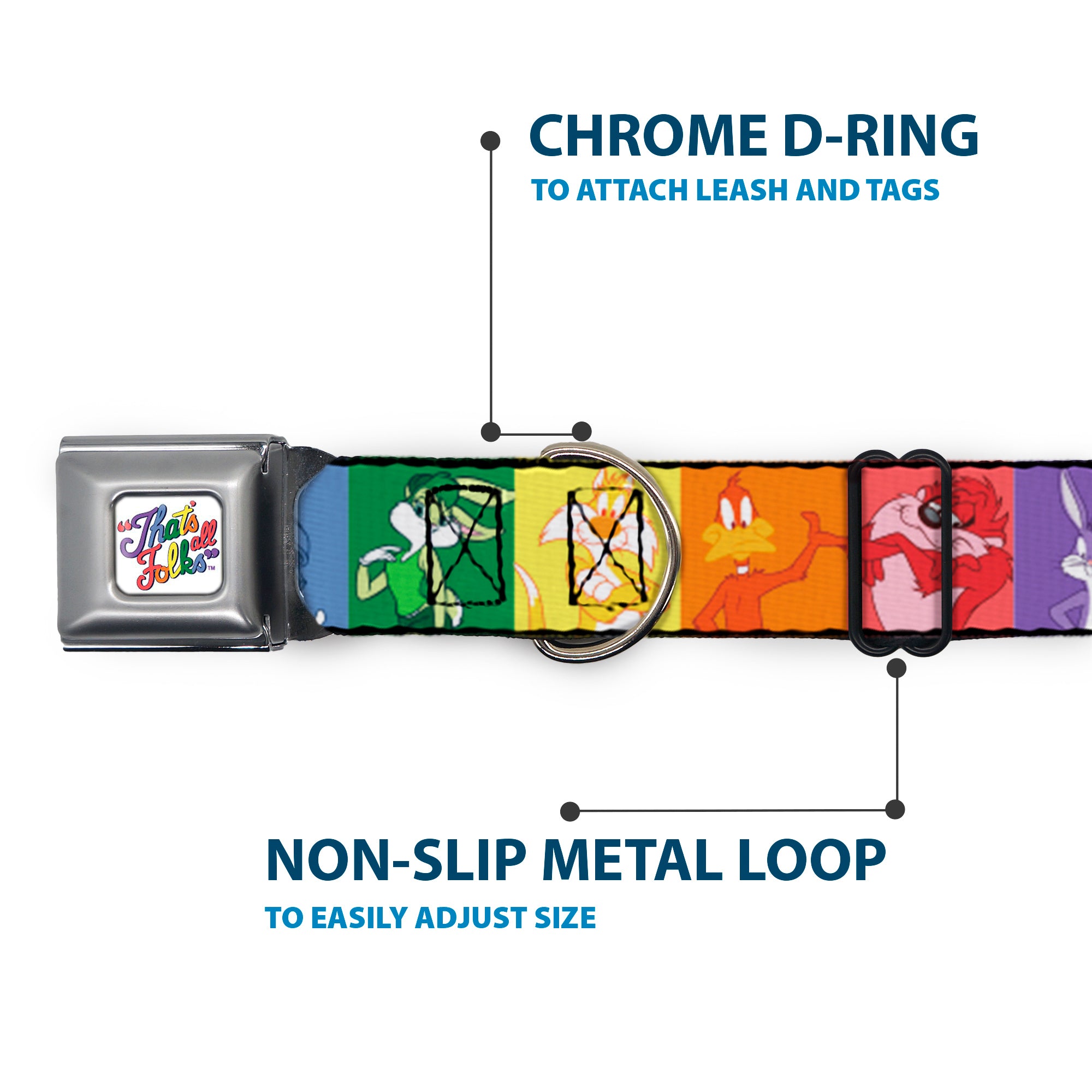 Looney Tunes THAT'S ALL FOLKS Script Full Color White/Multi Color Seatbelt Buckle Collar - Looney Tunes 6-Character Pose Pride Blocks Multi Color Seatbelt Buckle Collars Looney Tunes