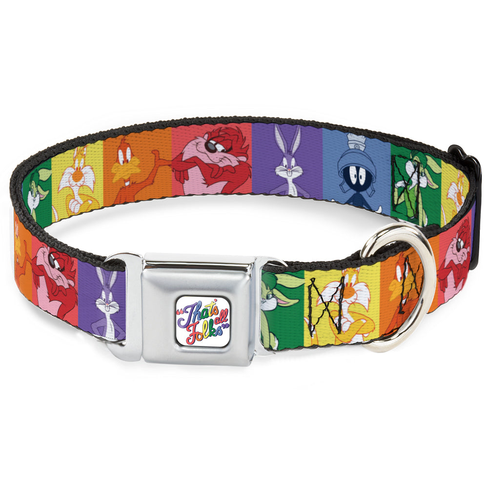 Looney Tunes THAT'S ALL FOLKS Script Full Color White/Multi Color Seatbelt Buckle Collar - Looney Tunes 6-Character Pose Pride Blocks Multi Color Seatbelt Buckle Collars Looney Tunes