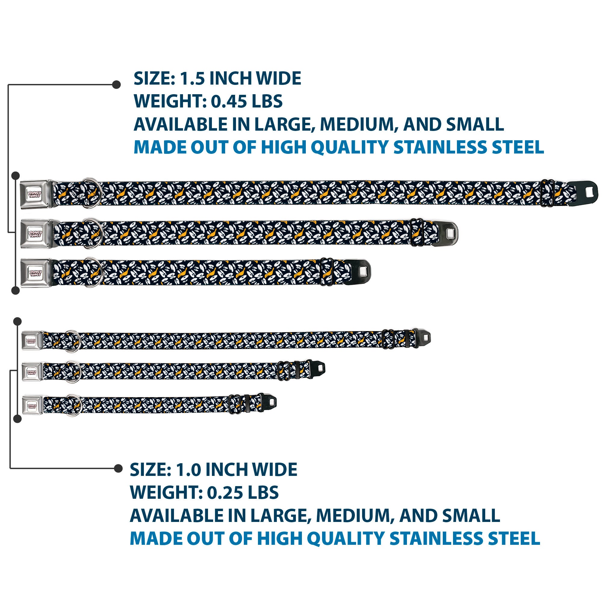 LOONEY TUNES Text Title Logo Full Color White Seatbelt Buckle Collar - Daffy Duck Expression and Eyes Scattered Black/White Seatbelt Buckle Collars Looney Tunes