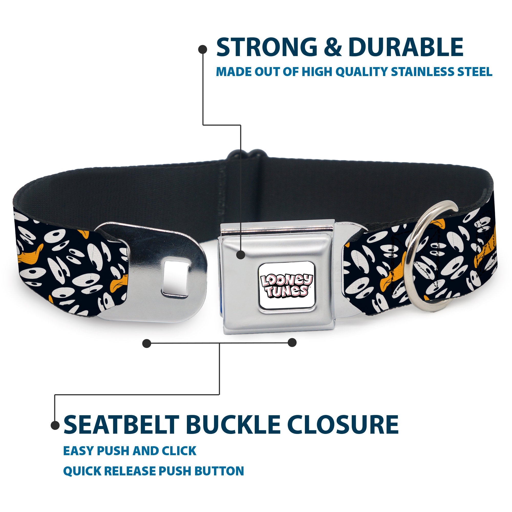 LOONEY TUNES Text Title Logo Full Color White Seatbelt Buckle Collar - Daffy Duck Expression and Eyes Scattered Black/White Seatbelt Buckle Collars Looney Tunes