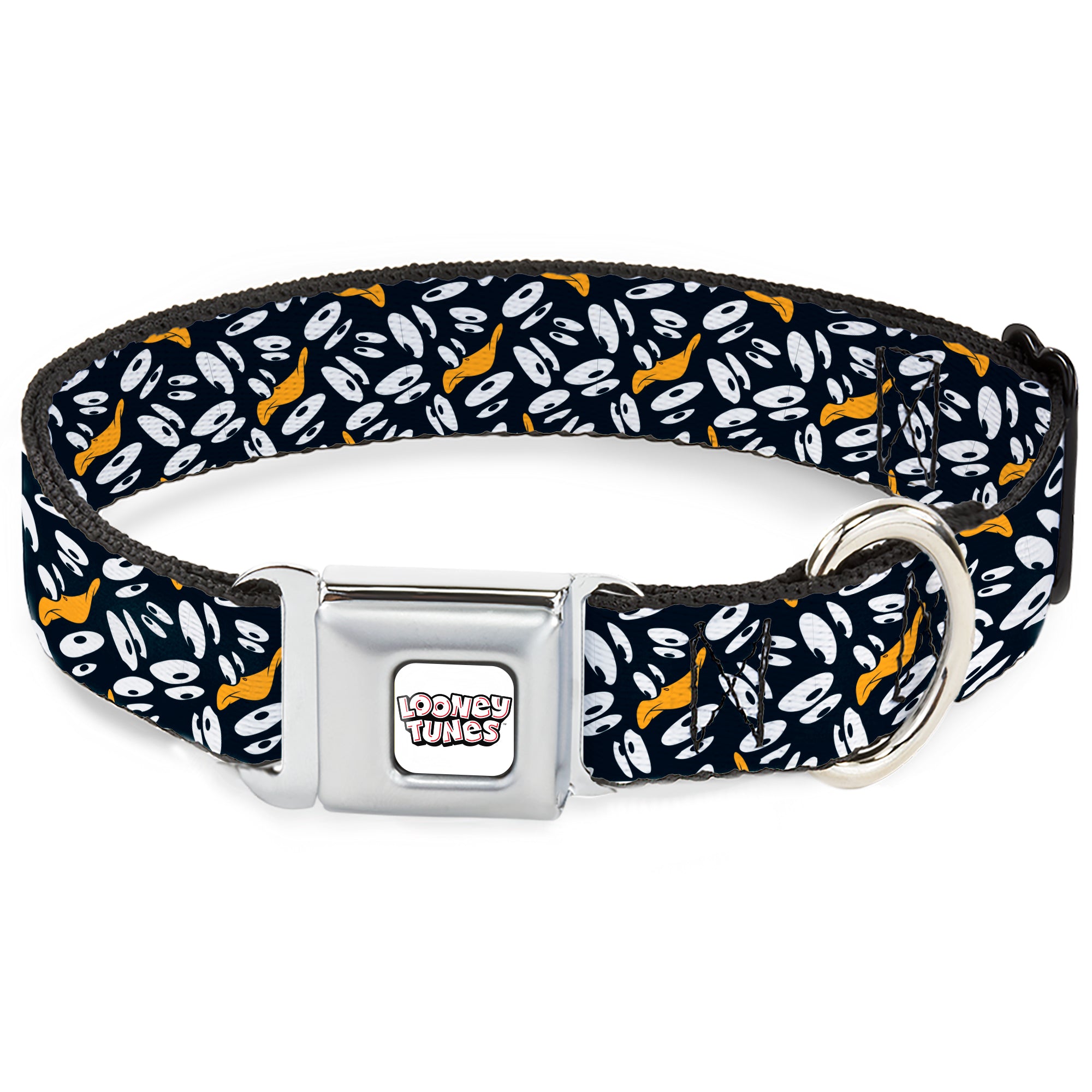 LOONEY TUNES Text Title Logo Full Color White Seatbelt Buckle Collar - Daffy Duck Expression and Eyes Scattered Black/White Seatbelt Buckle Collars Looney Tunes