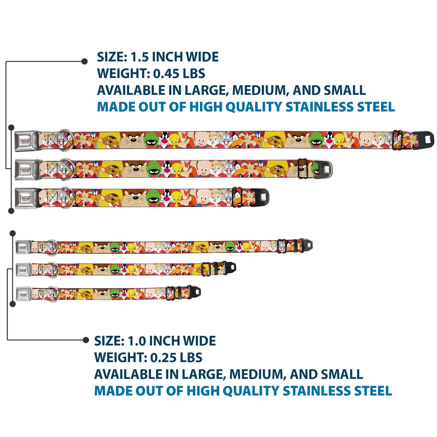 LOONEY TUNES Text Title Logo Full Color White Seatbelt Buckle Collar - Looney Tunes Twelve Character Expressions Red Seatbelt Buckle Collars Looney Tunes