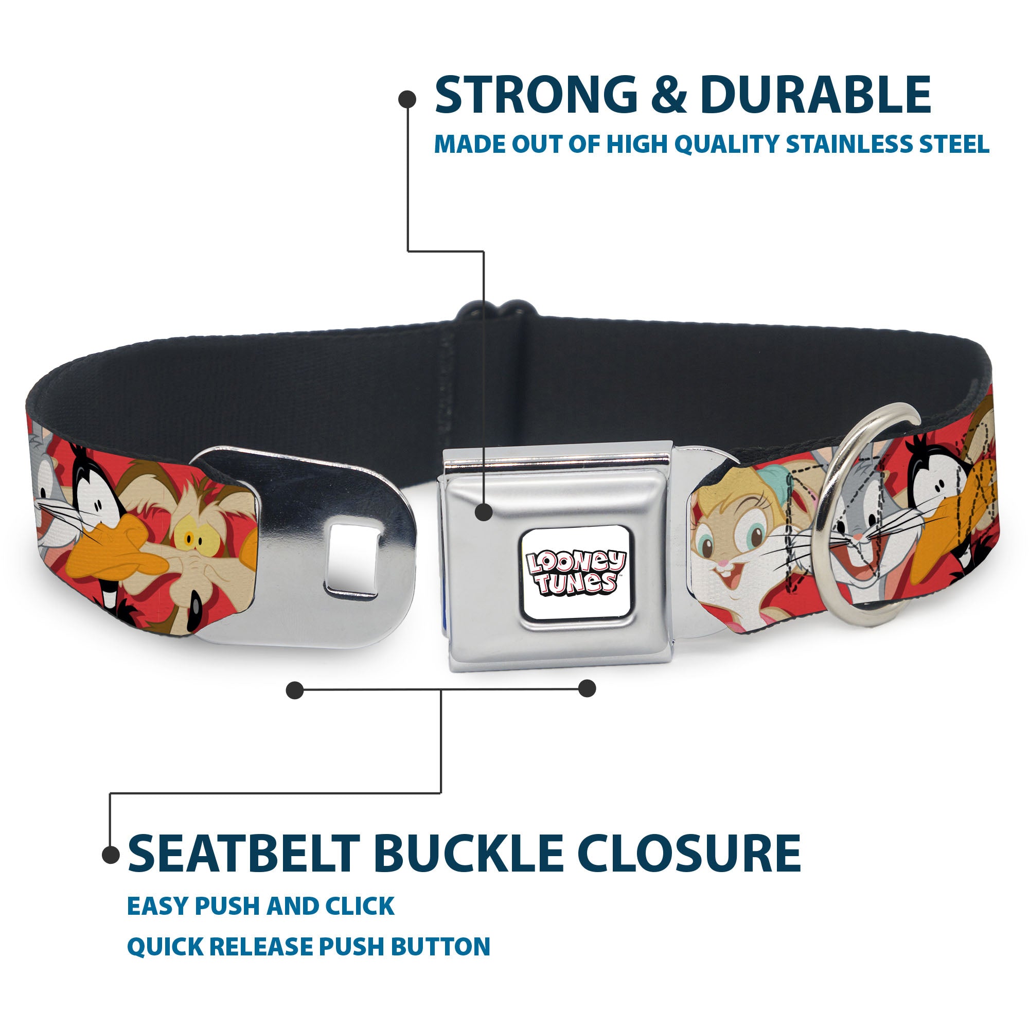 LOONEY TUNES Text Title Logo Full Color White Seatbelt Buckle Collar - Looney Tunes Twelve Character Expressions Red Seatbelt Buckle Collars Looney Tunes