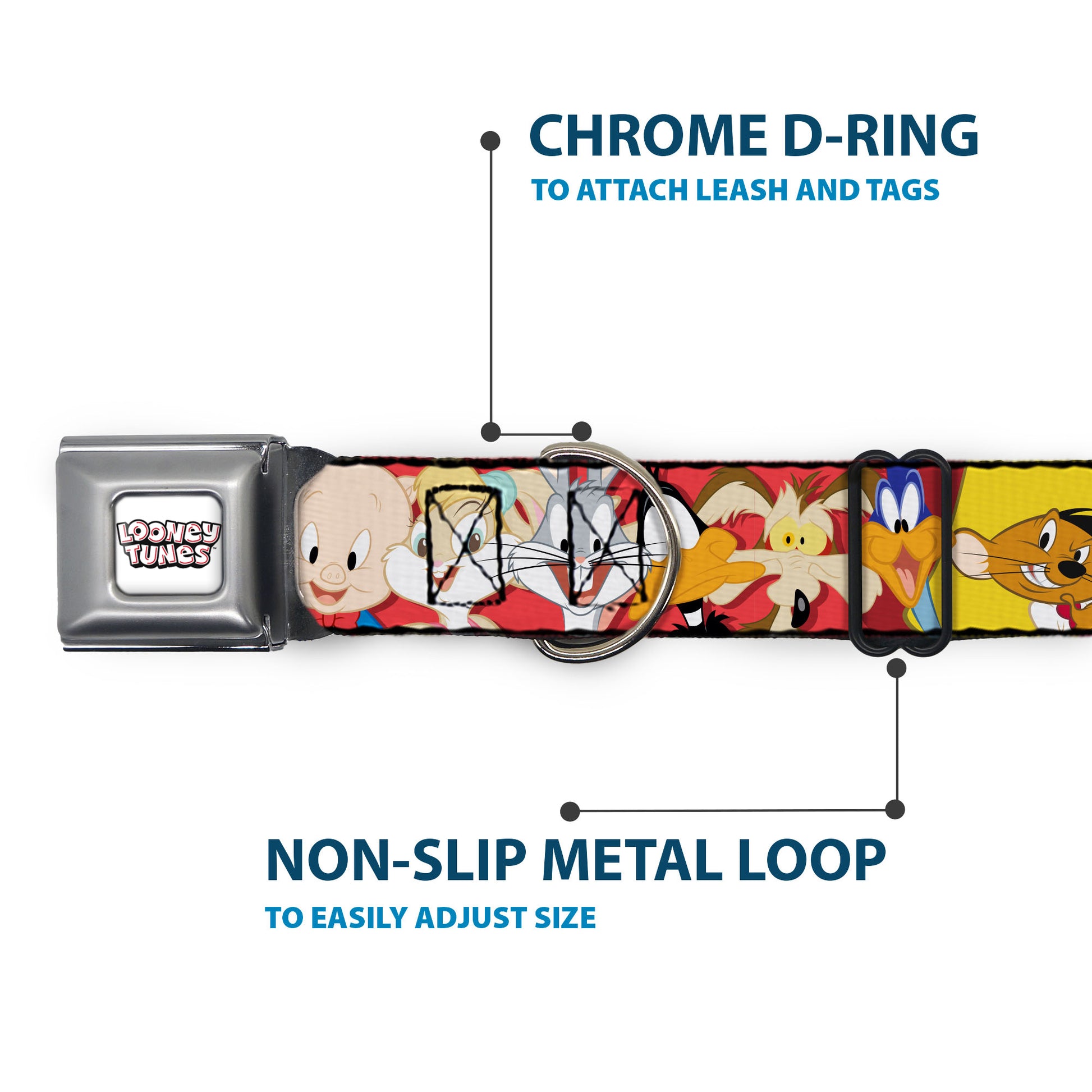 LOONEY TUNES Text Title Logo Full Color White Seatbelt Buckle Collar - Looney Tunes Twelve Character Expressions Red Seatbelt Buckle Collars Looney Tunes