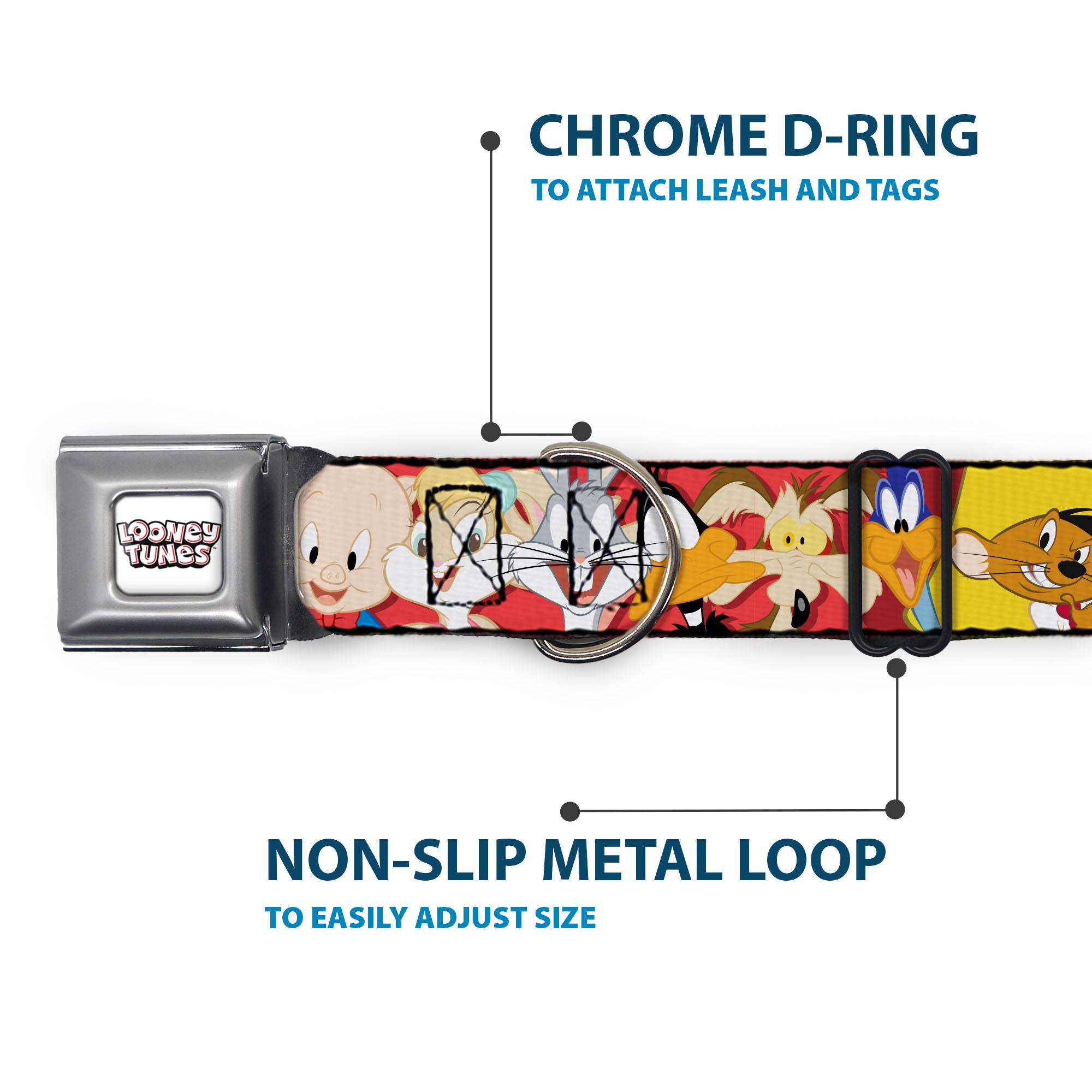 LOONEY TUNES Text Title Logo Full Color White Seatbelt Buckle Collar - Looney Tunes Twelve Character Expressions Red Seatbelt Buckle Collars Looney Tunes