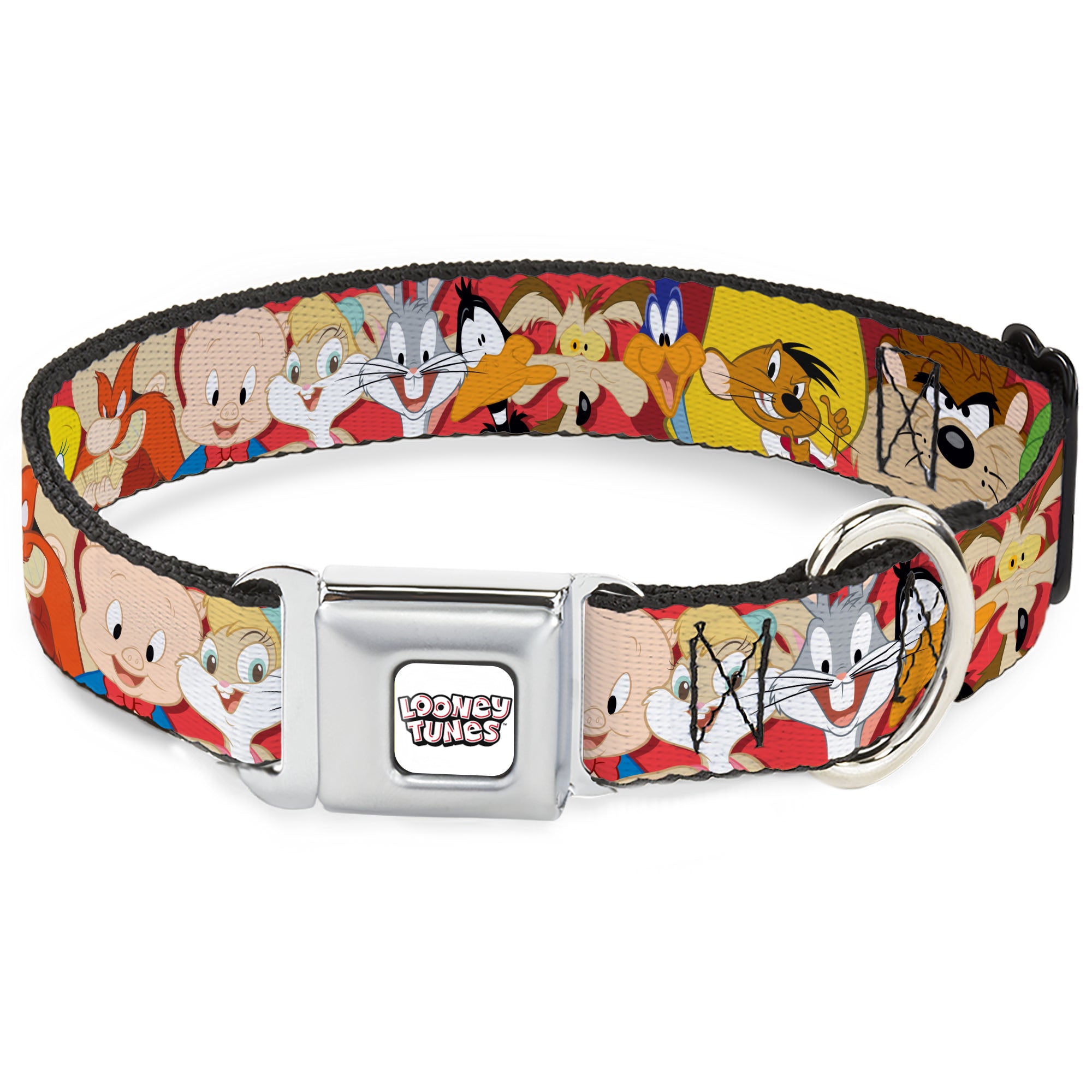 LOONEY TUNES Text Title Logo Full Color White Seatbelt Buckle Collar - Looney Tunes Twelve Character Expressions Red Seatbelt Buckle Collars Looney Tunes