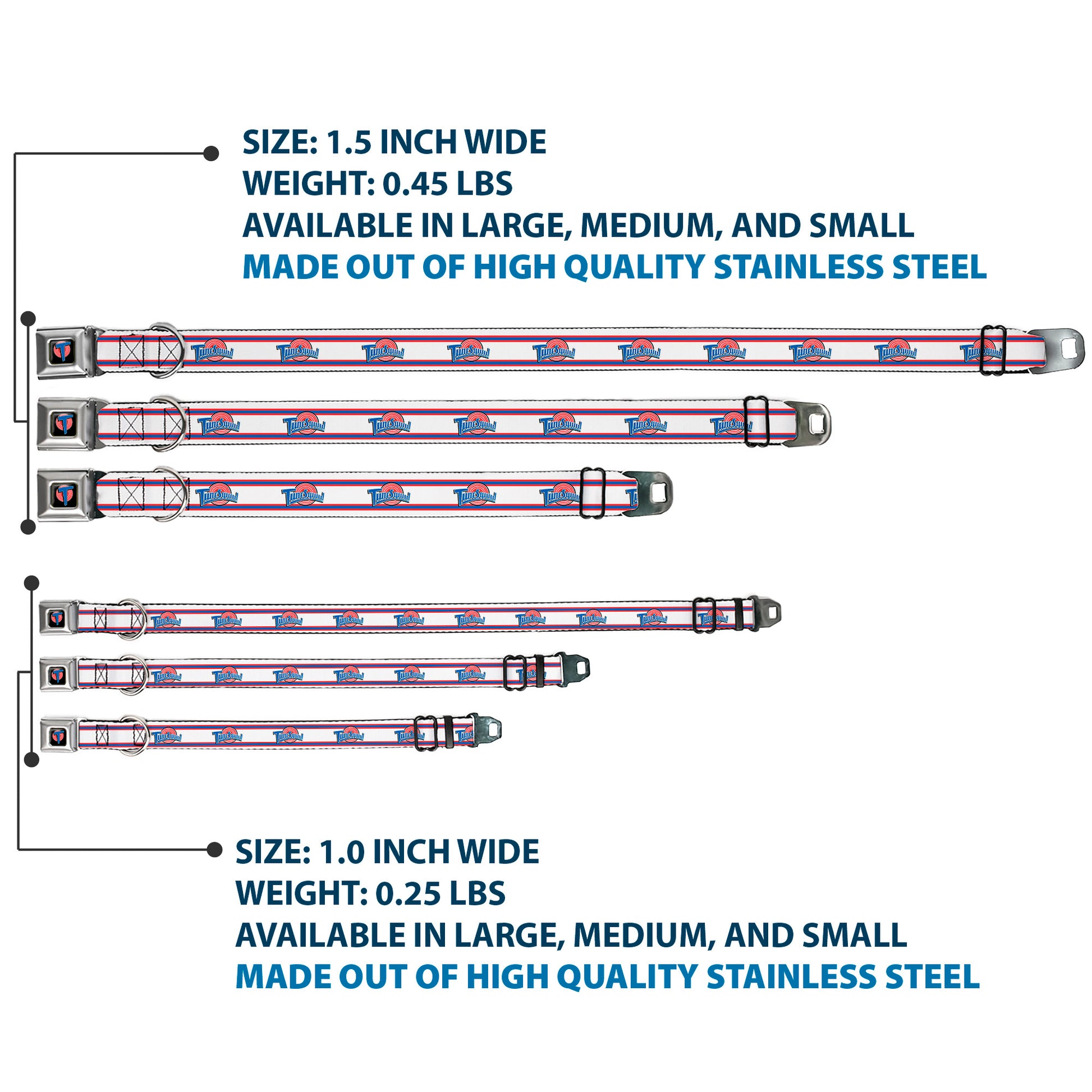Space Jam Tune Squad Icon Full Color Black/Red/Blue Seatbelt Buckle Collar - Space Jam TUNE SQUAD Logo Stripe White/Red/Blue Seatbelt Buckle Collars Looney Tunes