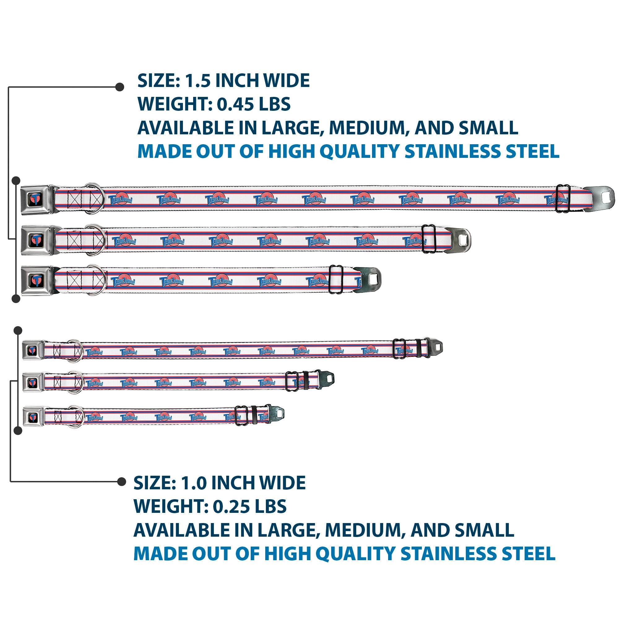 Space Jam Tune Squad Icon Full Color Black/Red/Blue Seatbelt Buckle Collar - Space Jam TUNE SQUAD Logo Stripe White/Red/Blue Seatbelt Buckle Collars Looney Tunes