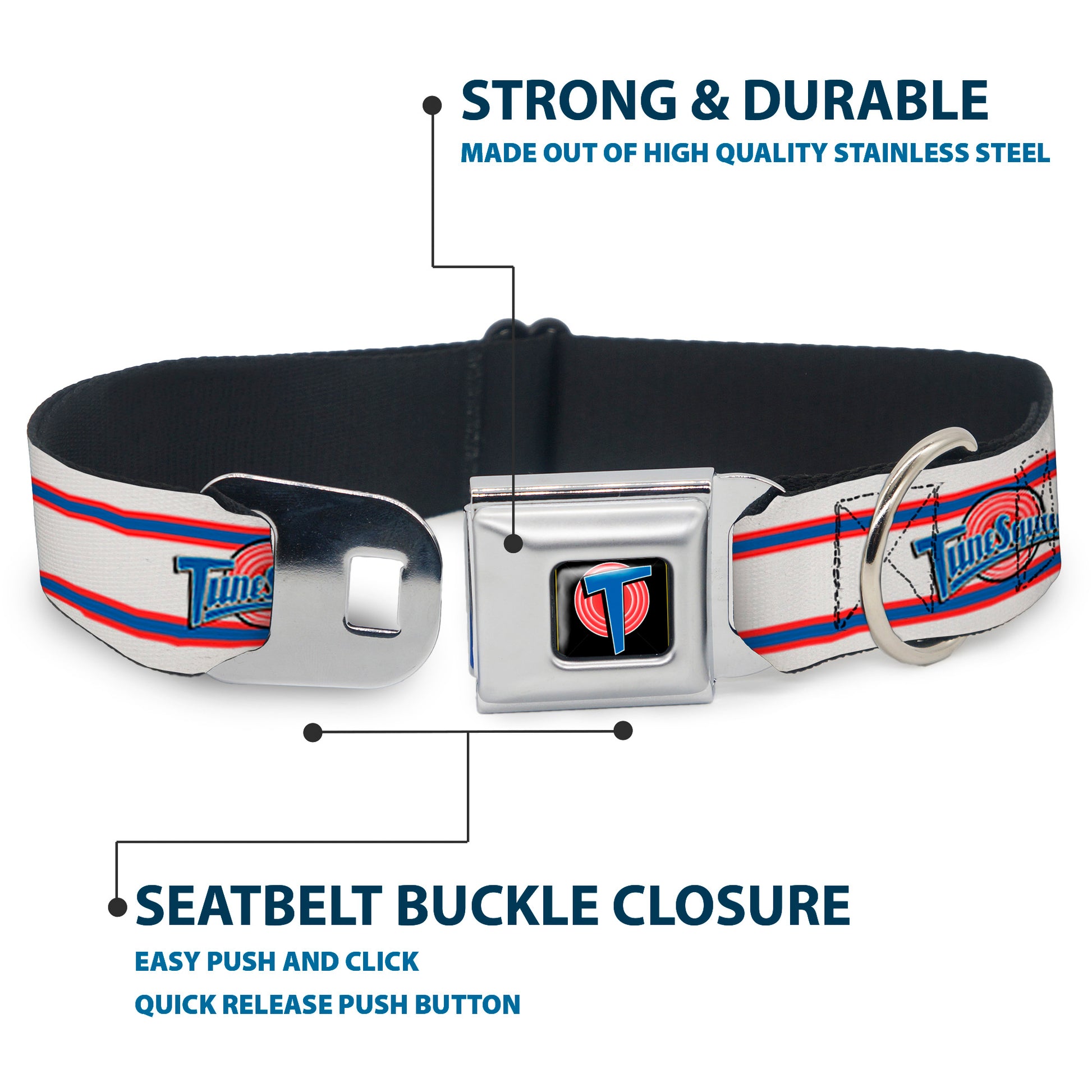 Space Jam Tune Squad Icon Full Color Black/Red/Blue Seatbelt Buckle Collar - Space Jam TUNE SQUAD Logo Stripe White/Red/Blue Seatbelt Buckle Collars Looney Tunes