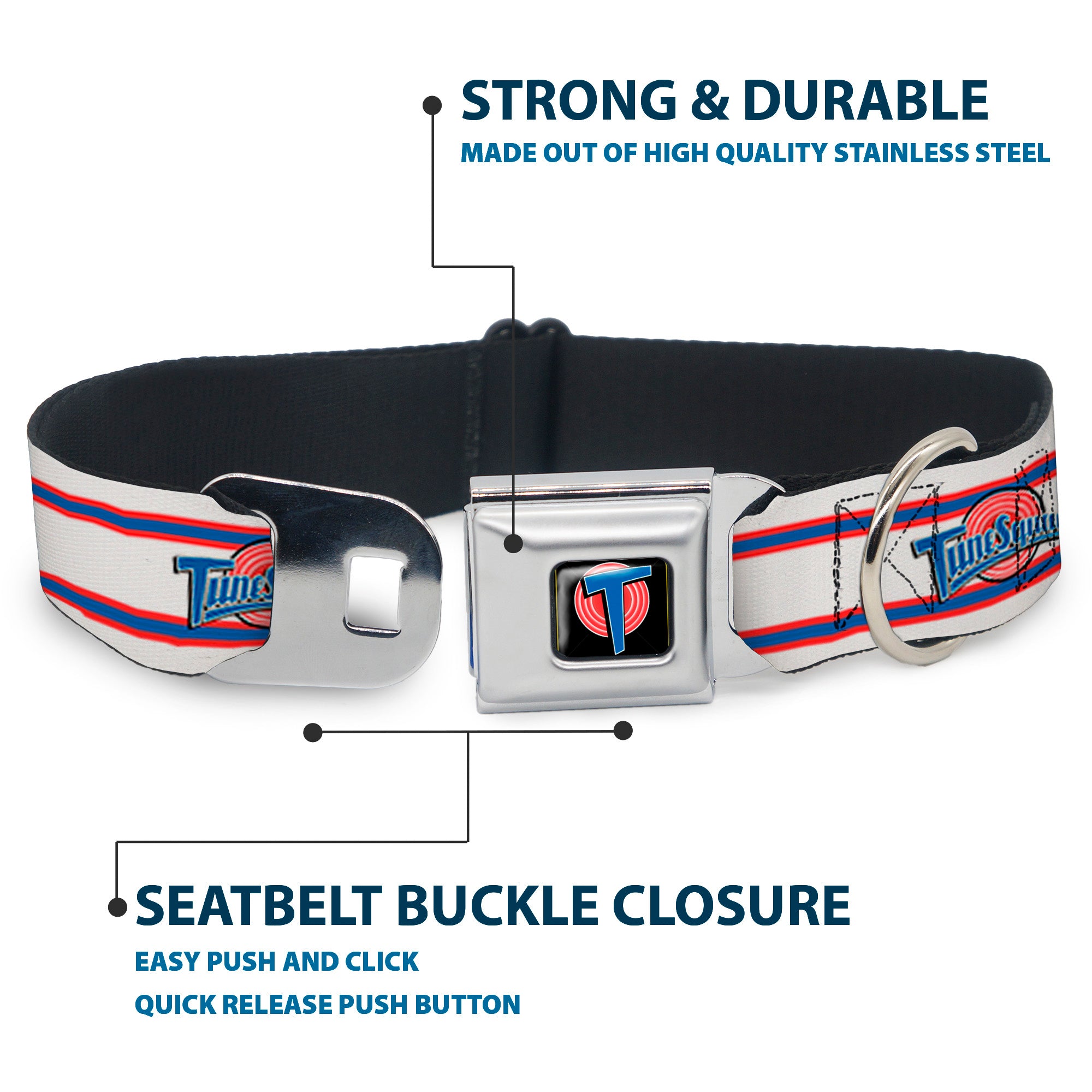Space Jam Tune Squad Icon Full Color Black/Red/Blue Seatbelt Buckle Collar - Space Jam TUNE SQUAD Logo Stripe White/Red/Blue Seatbelt Buckle Collars Looney Tunes