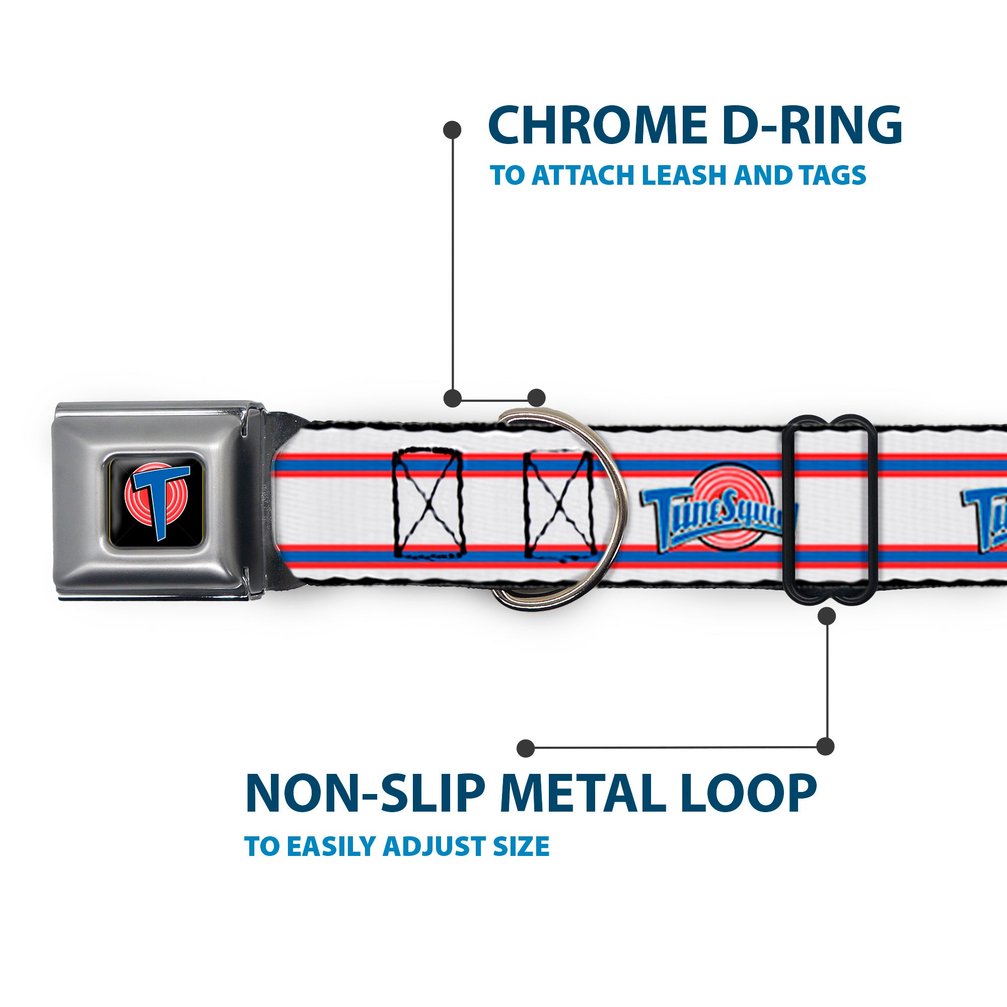 Space Jam Tune Squad Icon Full Color Black/Red/Blue Seatbelt Buckle Collar - Space Jam TUNE SQUAD Logo Stripe White/Red/Blue Seatbelt Buckle Collars Looney Tunes
