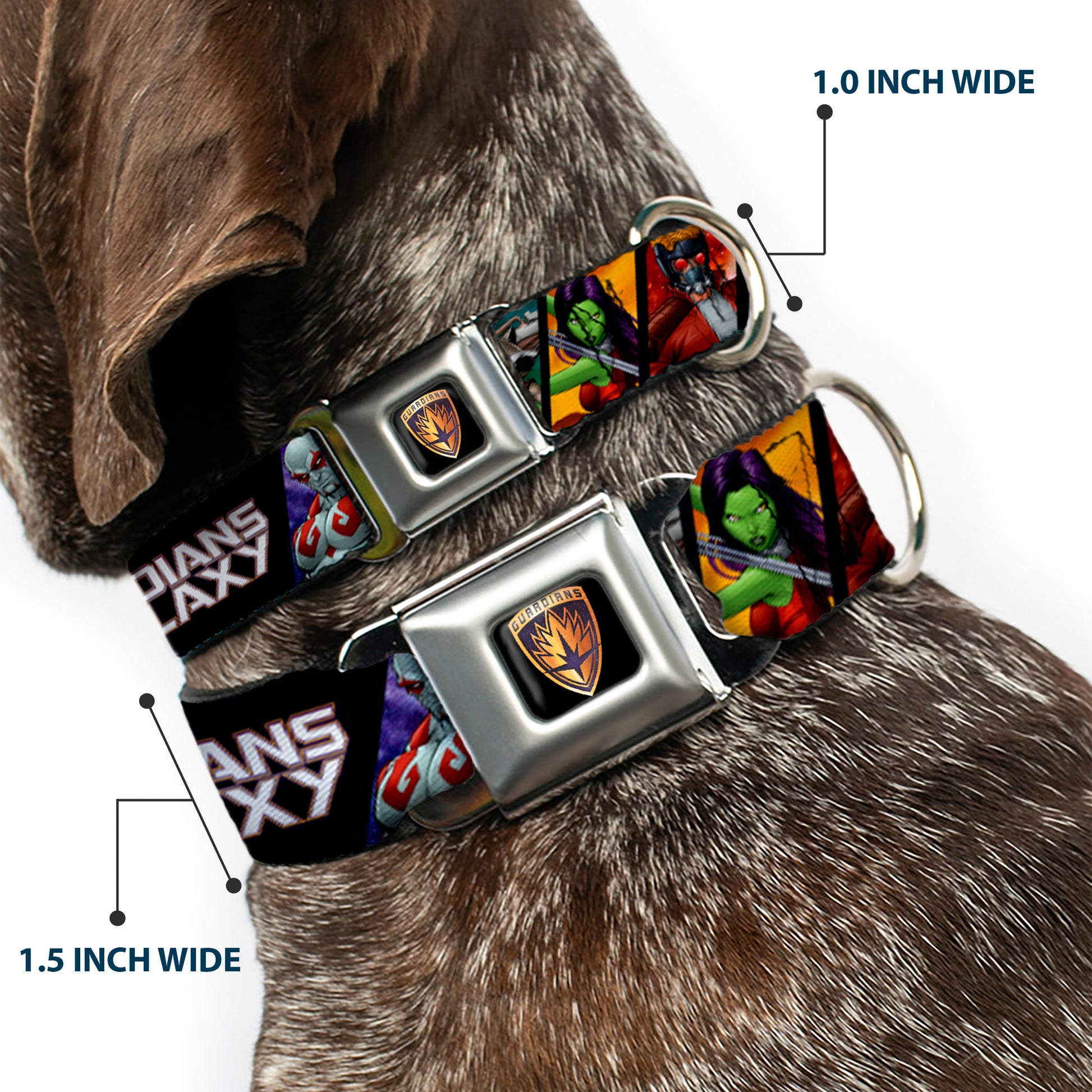 GUARDIANS OF THE GALAXY - EVERGREEN GUARDIANS Badge Full Color Black Gold Purple Seatbelt Buckle Collar - GUARDIANS OF THE GALAXY 5-Character Pose Blocks Seatbelt Buckle Collars Marvel Comics