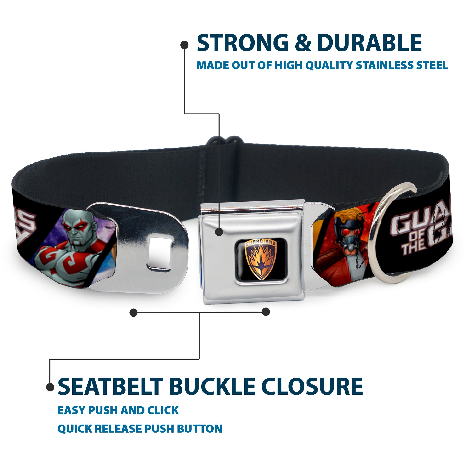 GUARDIANS OF THE GALAXY - EVERGREEN GUARDIANS Badge Full Color Black Gold Purple Seatbelt Buckle Collar - GUARDIANS OF THE GALAXY 5-Character Pose Blocks Seatbelt Buckle Collars Marvel Comics