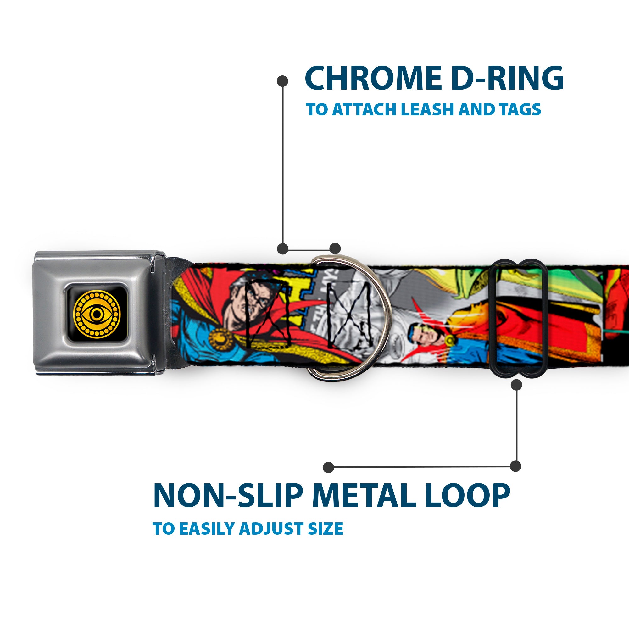 DOCTOR STRANGE MOVIE Doctor Strange Eye of Agamotto Full Color Black Gold Seatbelt Buckle Collar - Classic DOCTOR STRANGE Comic Book Title/4-Poses Seatbelt Buckle Collars Marvel Comics