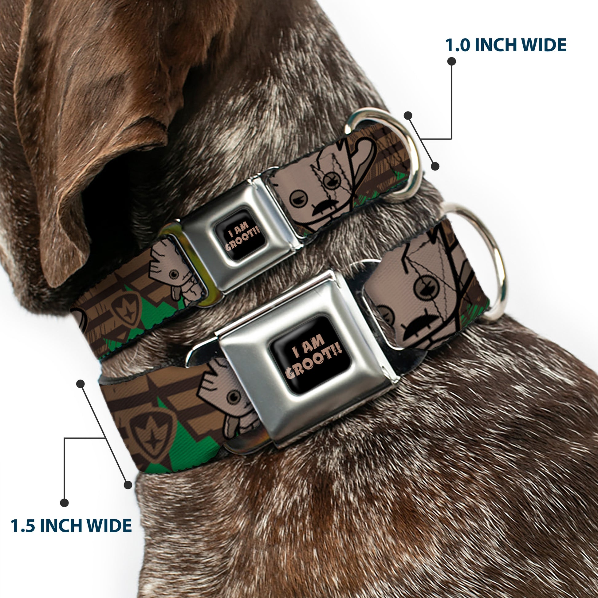 MARVEL UNIVERSE I AM GROOT!! Full Color Black Brown Seatbelt Buckle Collar - Kawaii Groot 2-Poses/Guardians Badge Browns/Green Seatbelt Buckle Collars Marvel Comics