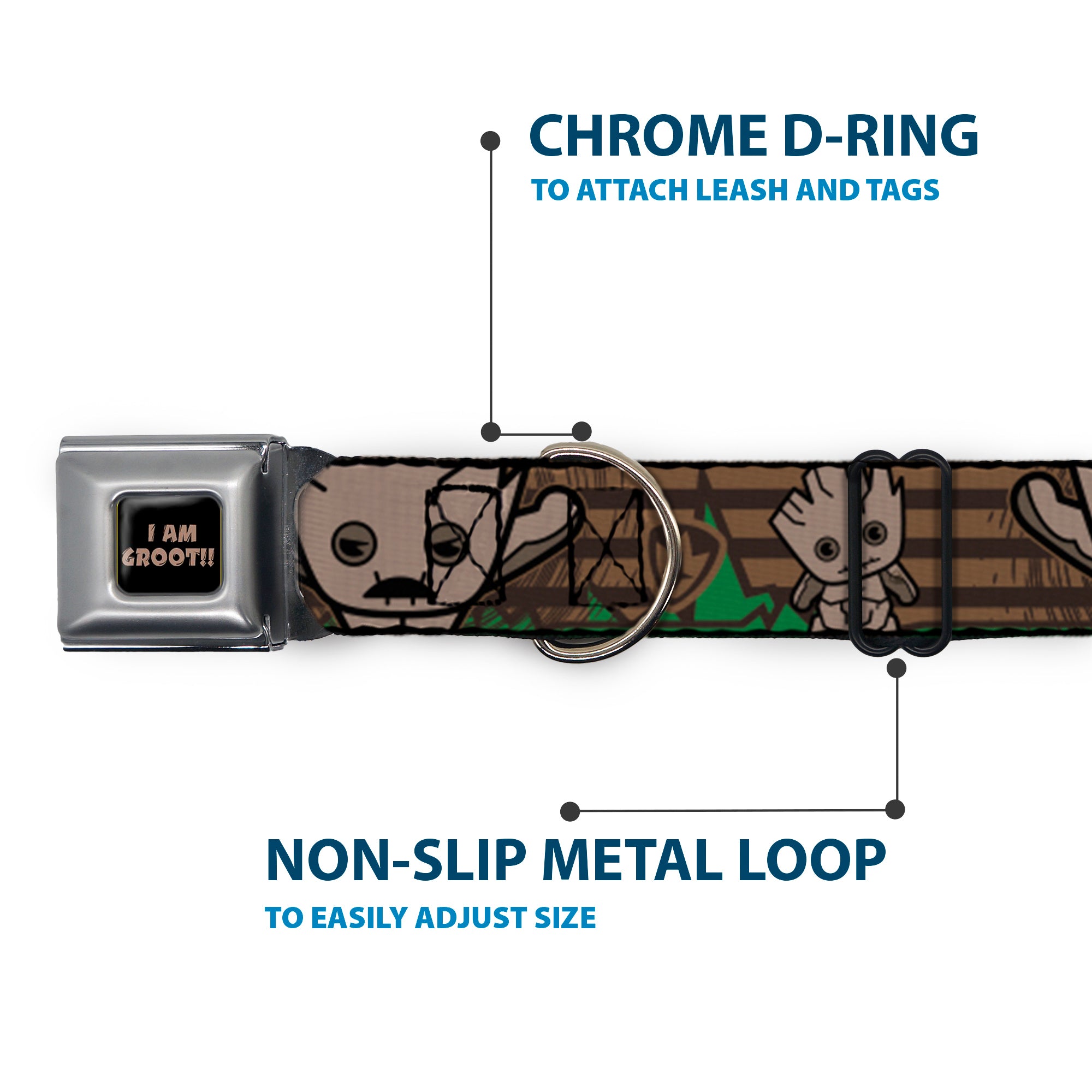MARVEL UNIVERSE I AM GROOT!! Full Color Black Brown Seatbelt Buckle Collar - Kawaii Groot 2-Poses/Guardians Badge Browns/Green Seatbelt Buckle Collars Marvel Comics