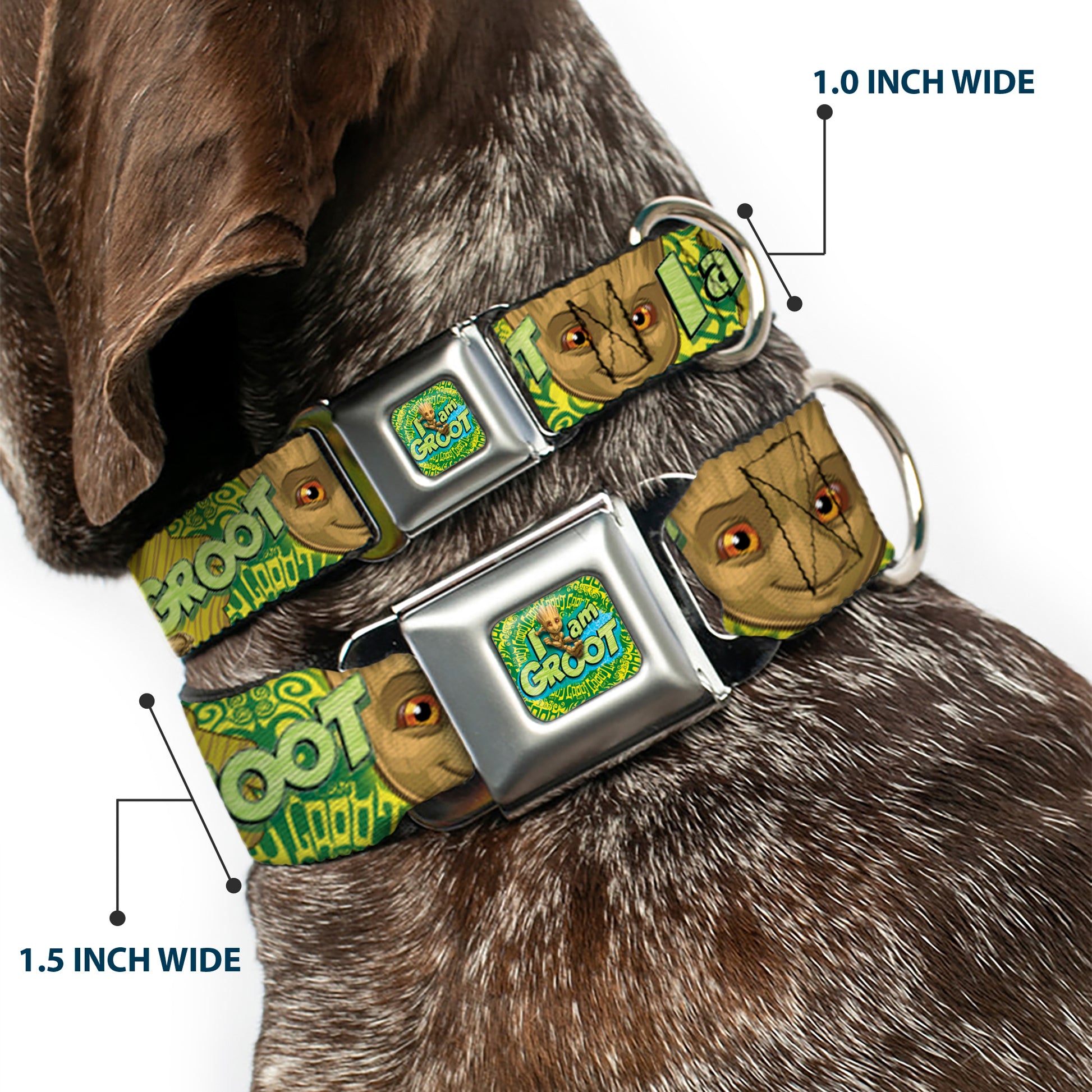 Baby Groot Running Pose I AM GROOT Full Color Greens/Yellows Seatbelt Buckle Collar - Baby Groot Pose/Face I AM GROOT Browns/Greens/Yellows Seatbelt Buckle Collars Marvel Comics