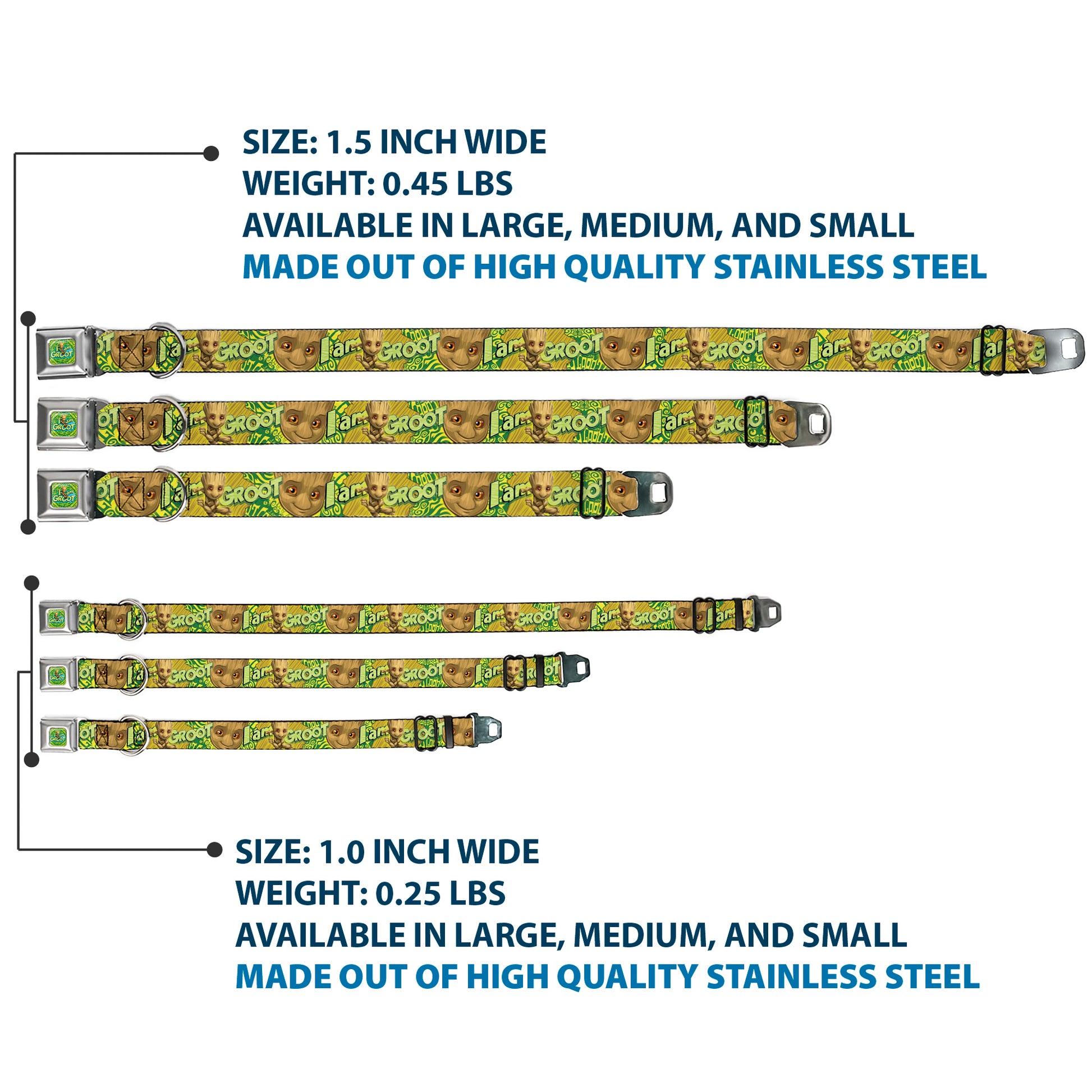 Baby Groot Running Pose I AM GROOT Full Color Greens/Yellows Seatbelt Buckle Collar - Baby Groot Pose/Face I AM GROOT Browns/Greens/Yellows Seatbelt Buckle Collars Marvel Comics