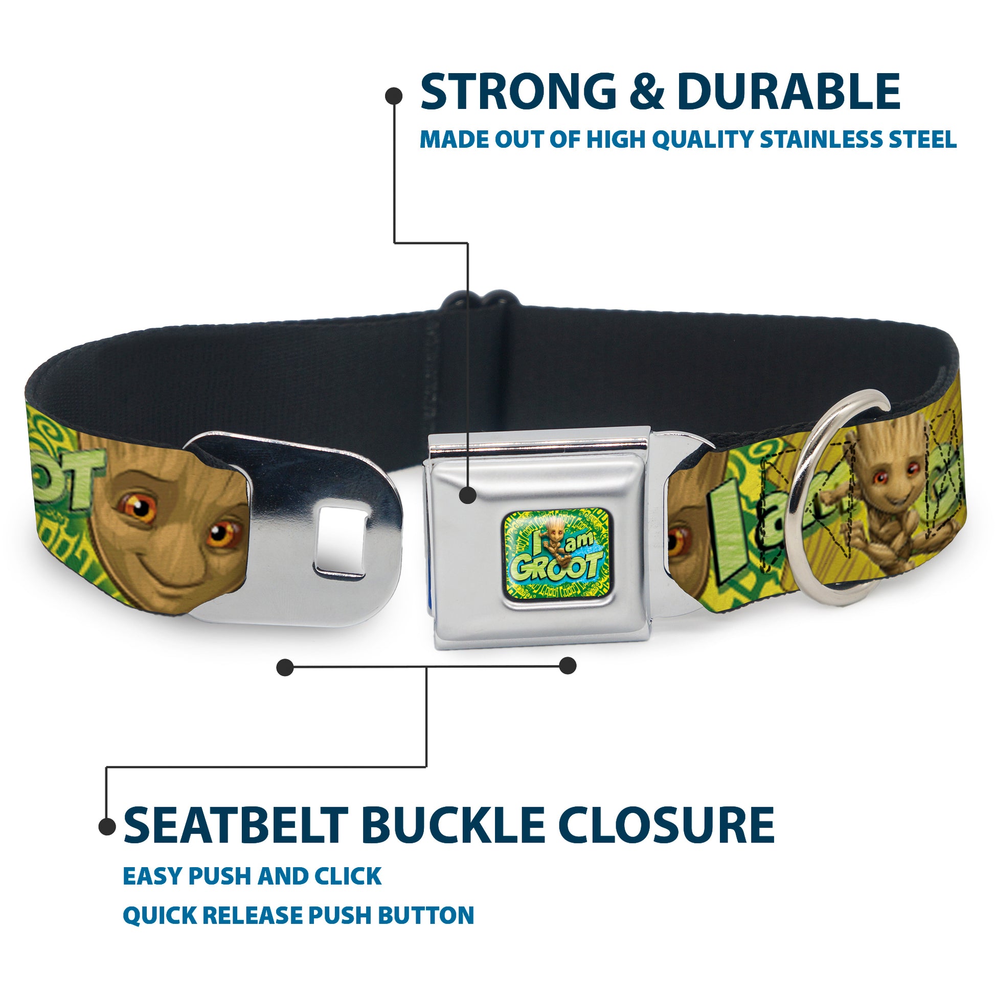 Baby Groot Running Pose I AM GROOT Full Color Greens/Yellows Seatbelt Buckle Collar - Baby Groot Pose/Face I AM GROOT Browns/Greens/Yellows Seatbelt Buckle Collars Marvel Comics