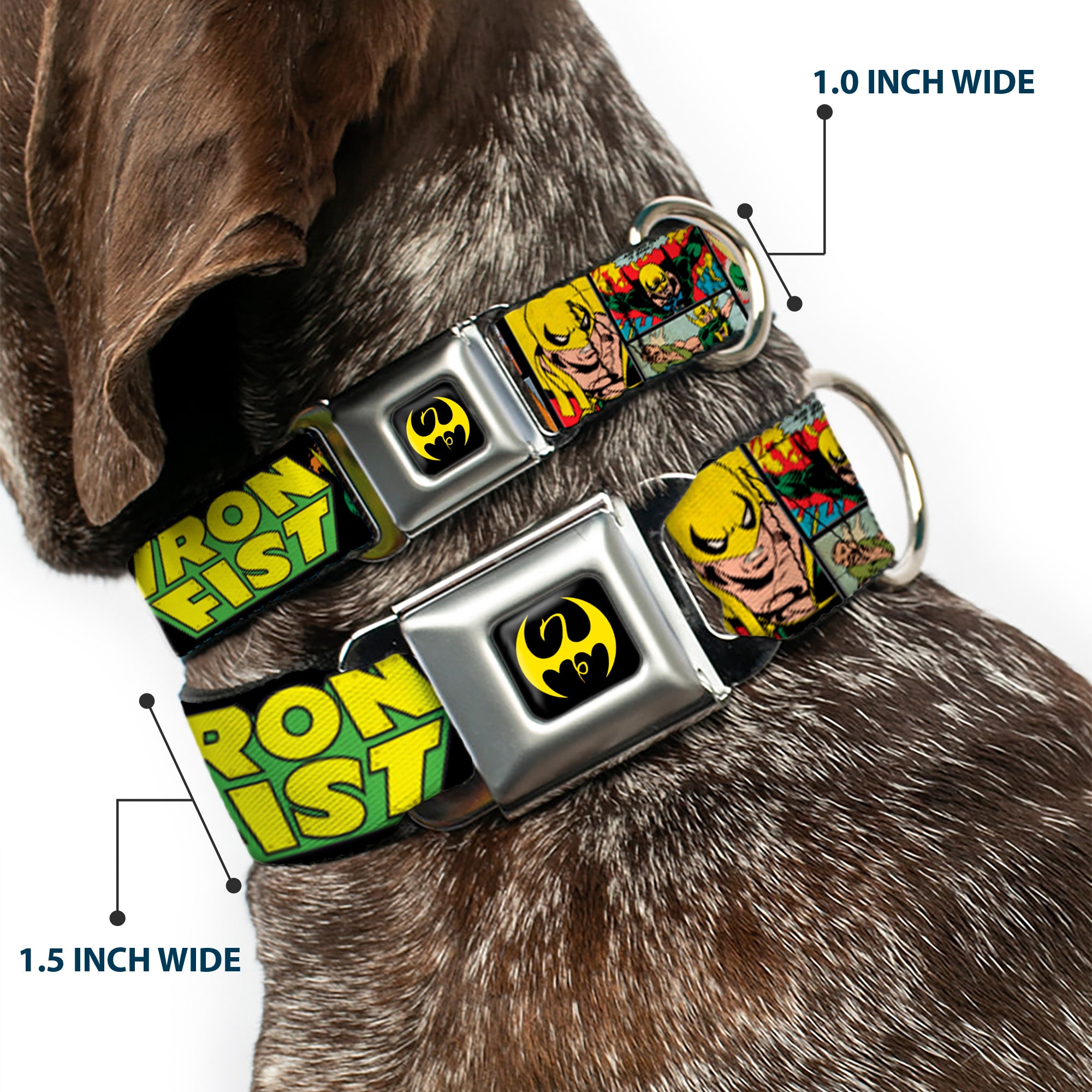 Iron Fist Dragon Logo Full Color Black/Yellow Seatbelt Buckle Collar - Retro IRON FIST Action Pose/Comic Scene Blocks Black/Green/Yellow Seatbelt Buckle Collars Marvel Comics