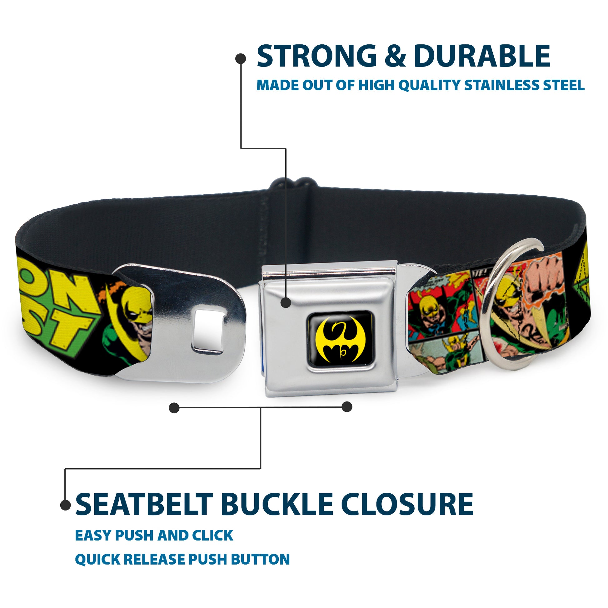 Iron Fist Dragon Logo Full Color Black/Yellow Seatbelt Buckle Collar - Retro IRON FIST Action Pose/Comic Scene Blocks Black/Green/Yellow Seatbelt Buckle Collars Marvel Comics