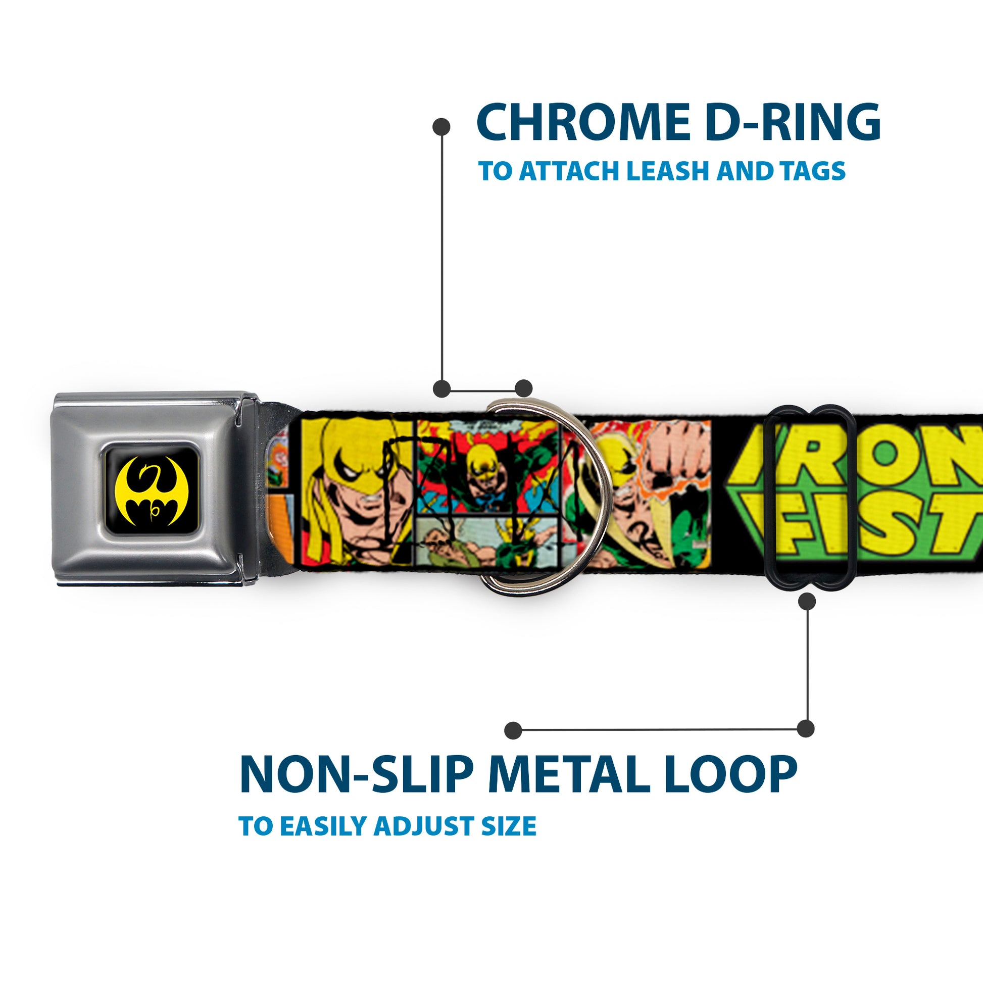 Iron Fist Dragon Logo Full Color Black/Yellow Seatbelt Buckle Collar - Retro IRON FIST Action Pose/Comic Scene Blocks Black/Green/Yellow Seatbelt Buckle Collars Marvel Comics