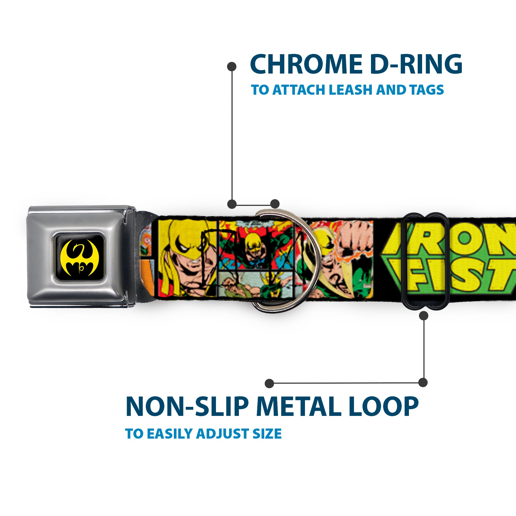 Iron Fist Dragon Logo Full Color Black/Yellow Seatbelt Buckle Collar - Retro IRON FIST Action Pose/Comic Scene Blocks Black/Green/Yellow Seatbelt Buckle Collars Marvel Comics
