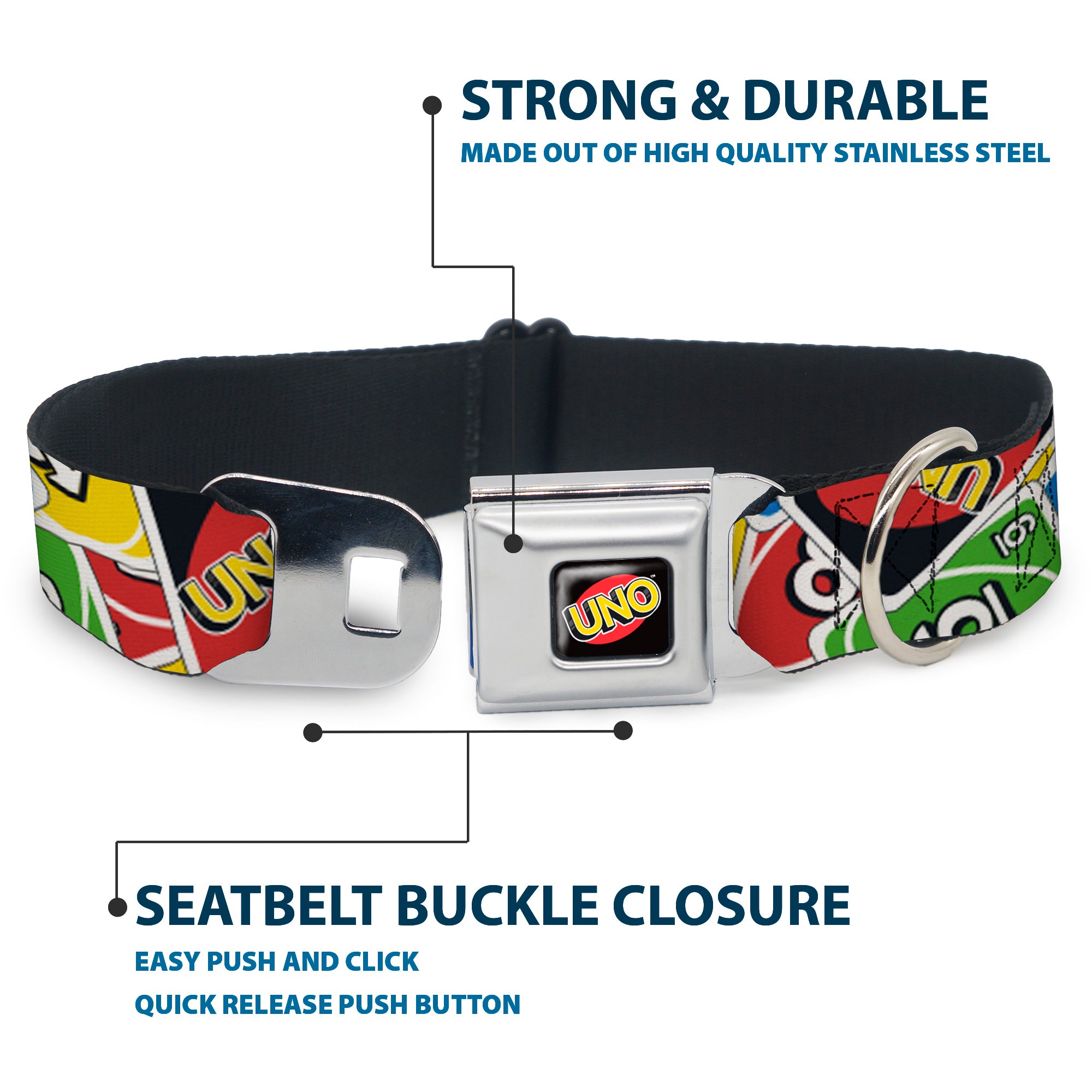 UNO Game Logo Full Color Black/Red/Yellow Seatbelt Buckle Collar - UNO Cards Stacked Collage Multi Color Seatbelt Buckle Collars UNO