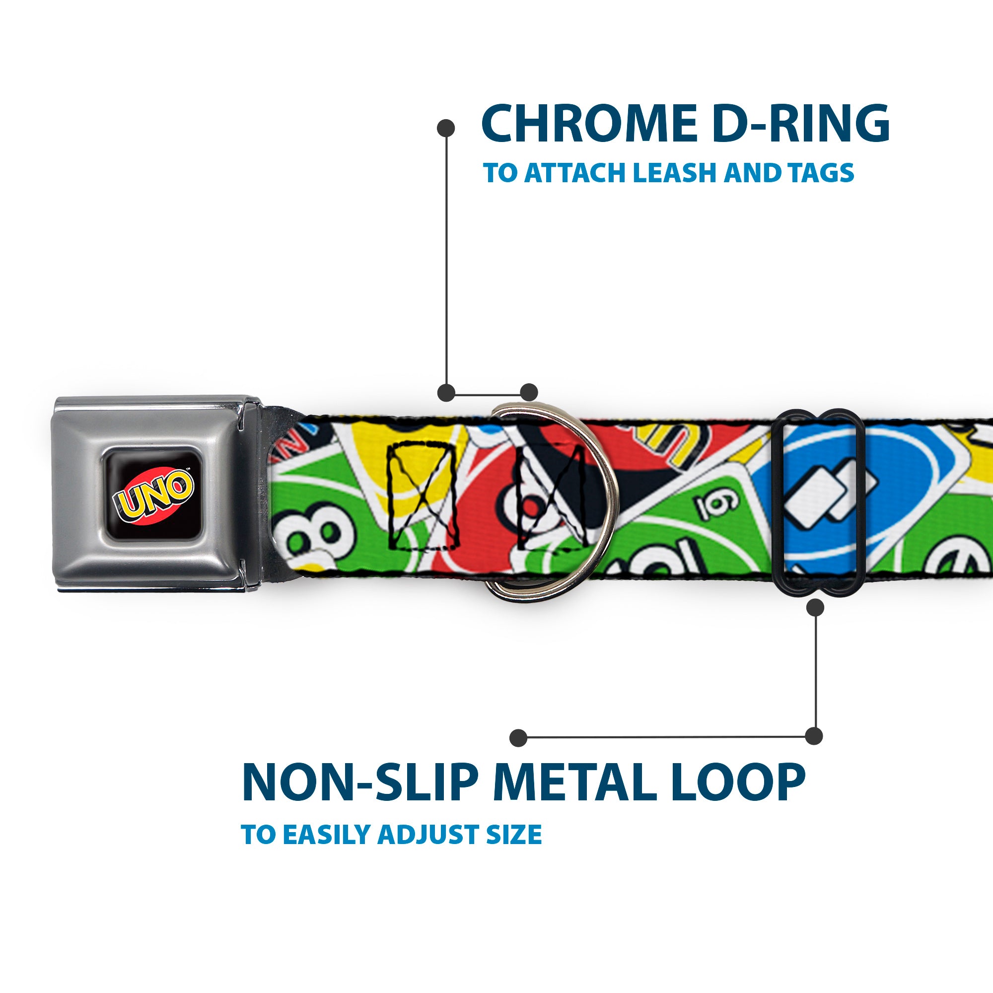 UNO Game Logo Full Color Black/Red/Yellow Seatbelt Buckle Collar - UNO Cards Stacked Collage Multi Color Seatbelt Buckle Collars UNO