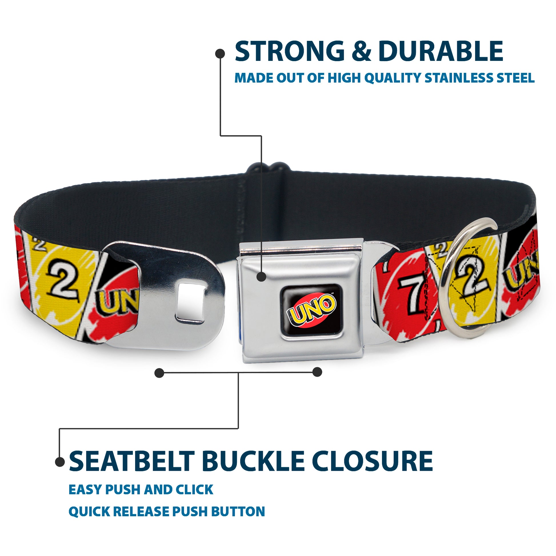 UNO Game Logo Full Color Black/Red/Yellow Seatbelt Buckle Collar - UNO Cards Lineup Stack Multi Color Seatbelt Buckle Collars UNO