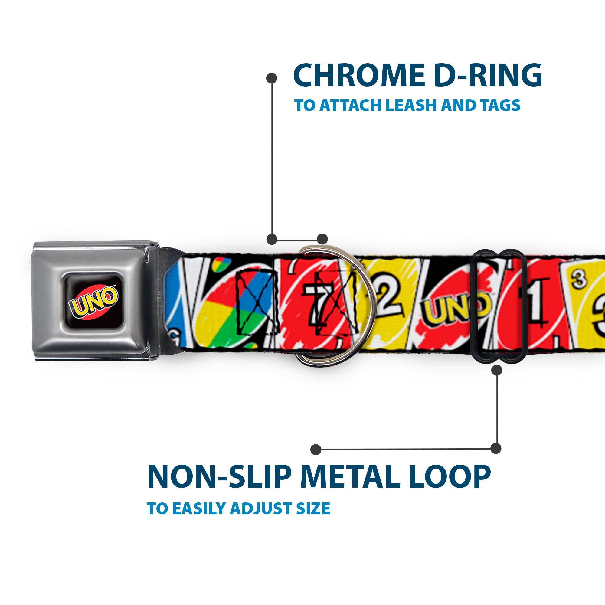 UNO Game Logo Full Color Black/Red/Yellow Seatbelt Buckle Collar - UNO Cards Lineup Stack Multi Color Seatbelt Buckle Collars UNO