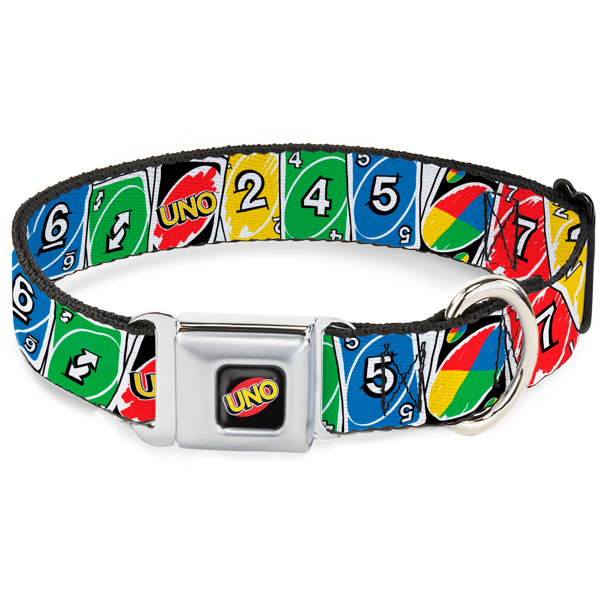 UNO Game Logo Full Color Black/Red/Yellow Seatbelt Buckle Collar - UNO Cards Lineup Stack Multi Color Seatbelt Buckle Collars UNO