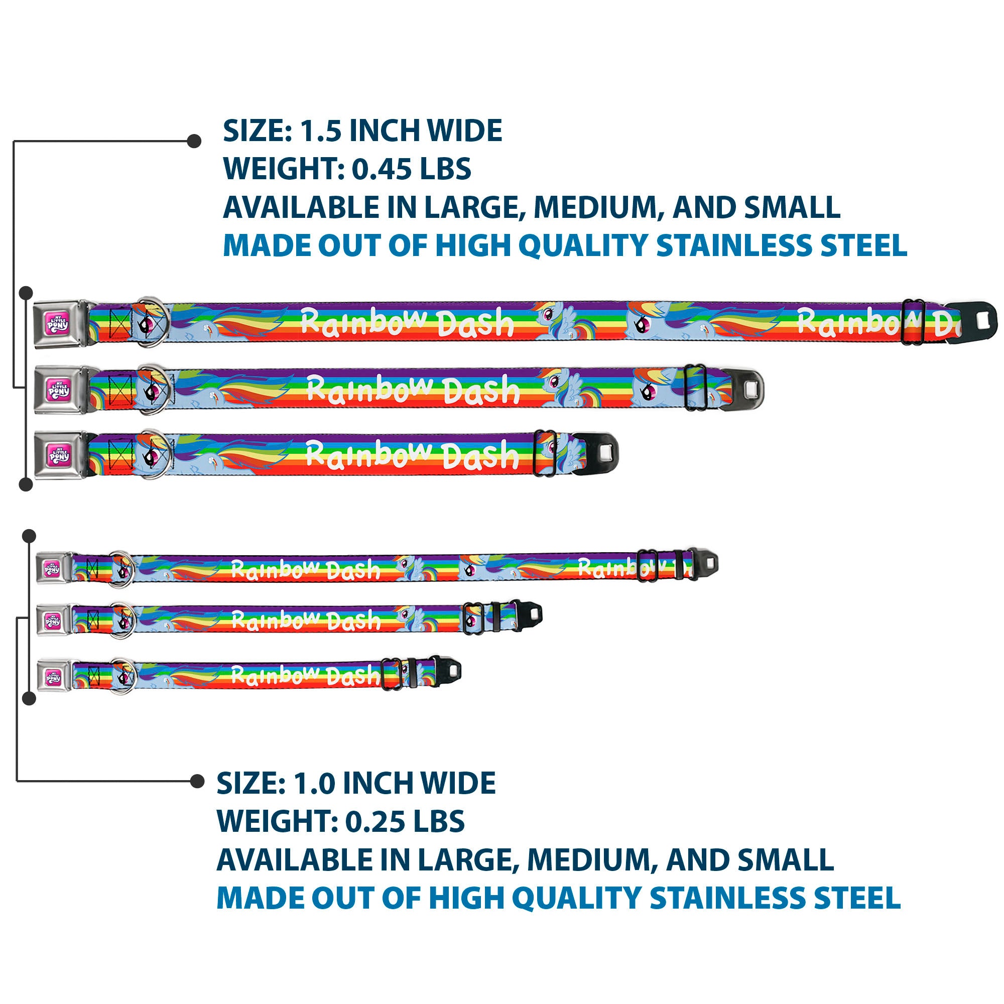 MY LITTLE PONY Title Logo Full Color Pink/Purple/White Seatbelt Buckle Collar - RAINBOW DASH Text and Poses Rainbow Streak Seatbelt Buckle Collars My Little Pony
