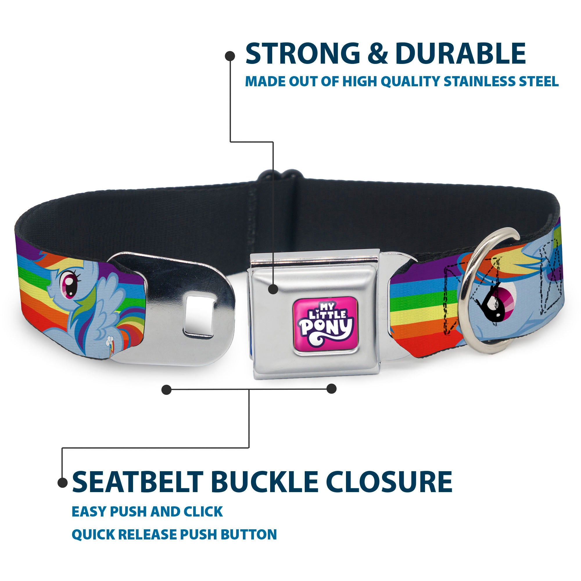 MY LITTLE PONY Title Logo Full Color Pink/Purple/White Seatbelt Buckle Collar - RAINBOW DASH Text and Poses Rainbow Streak Seatbelt Buckle Collars My Little Pony