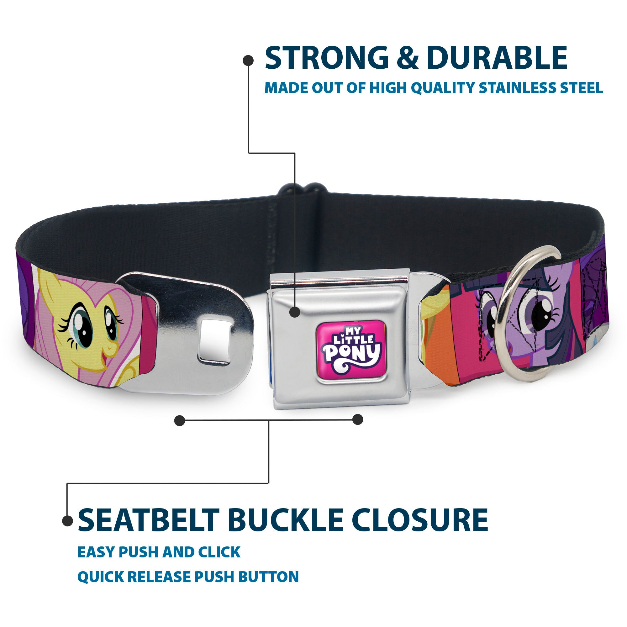 MY LITTLE PONY Title Logo Full Color Pink/Purple/White Seatbelt Buckle Collar - My Little Pony Mane Six Ponies Expressions Blocks Multi Color Seatbelt Buckle Collars My Little Pony