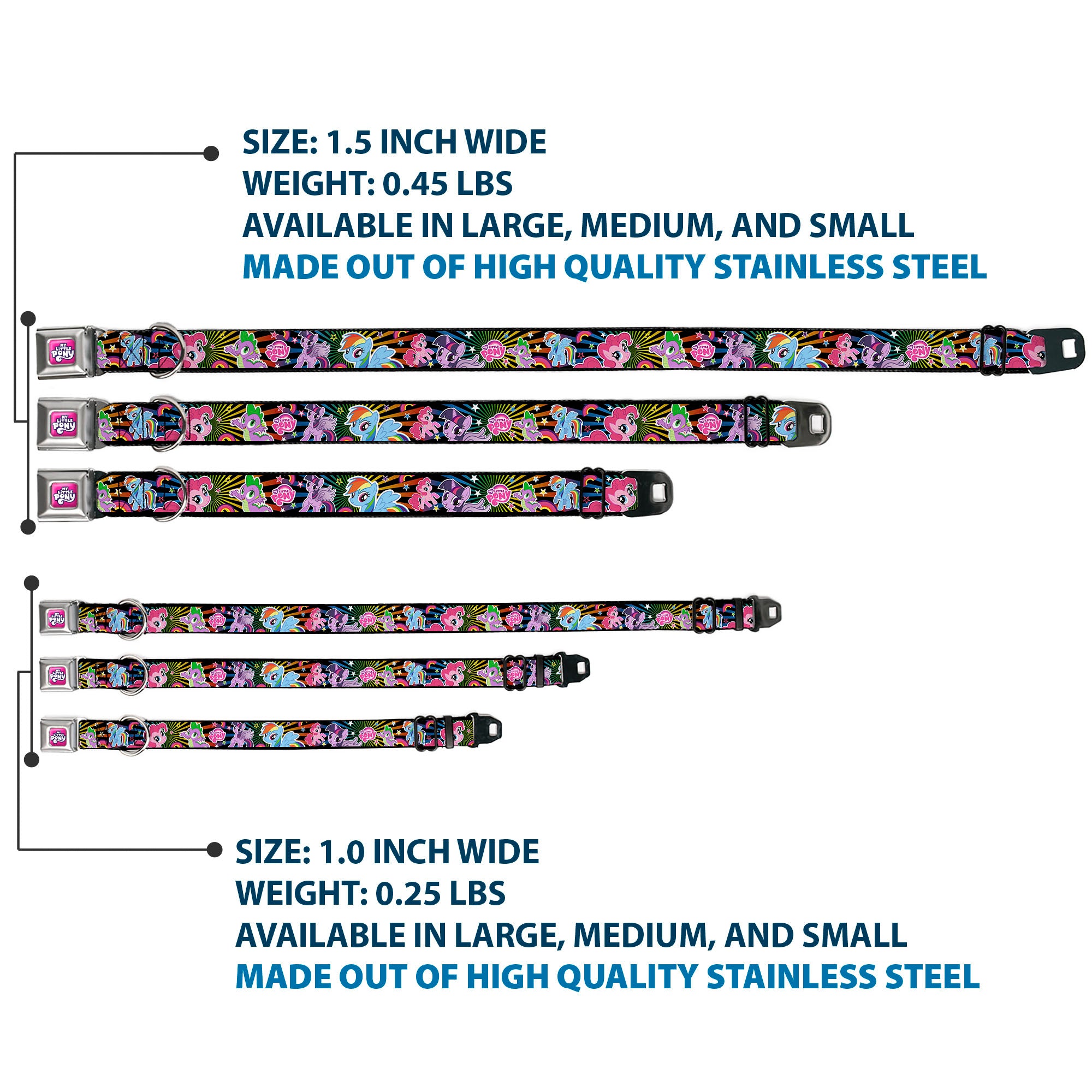 MY LITTLE PONY Title Logo Full Color Pink/Purple/White Seatbelt Buckle Collar - My Little Pony Three Ponies and Spike Sunburst Collage Black/Multi Color Seatbelt Buckle Collars My Little Pony