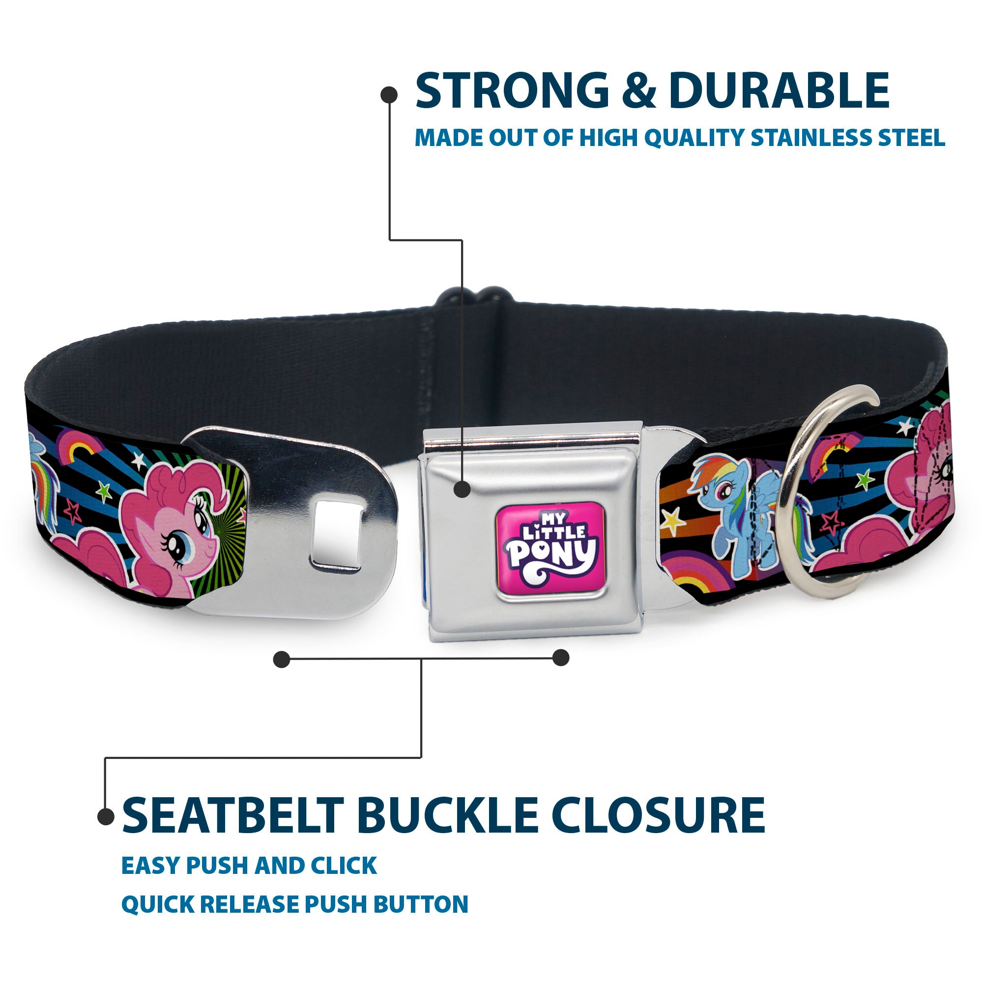 MY LITTLE PONY Title Logo Full Color Pink/Purple/White Seatbelt Buckle Collar - My Little Pony Three Ponies and Spike Sunburst Collage Black/Multi Color Seatbelt Buckle Collars My Little Pony