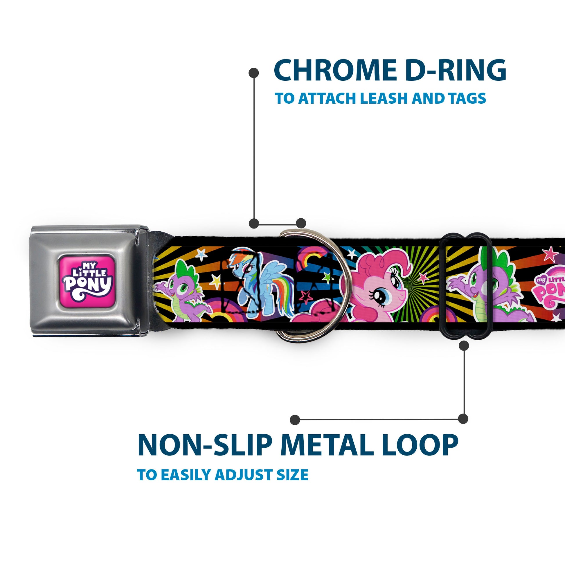 MY LITTLE PONY Title Logo Full Color Pink/Purple/White Seatbelt Buckle Collar - My Little Pony Three Ponies and Spike Sunburst Collage Black/Multi Color Seatbelt Buckle Collars My Little Pony