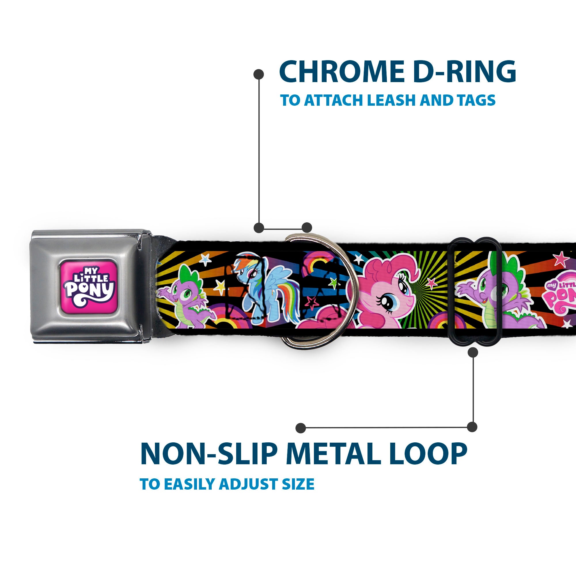 MY LITTLE PONY Title Logo Full Color Pink/Purple/White Seatbelt Buckle Collar - My Little Pony Three Ponies and Spike Sunburst Collage Black/Multi Color Seatbelt Buckle Collars My Little Pony