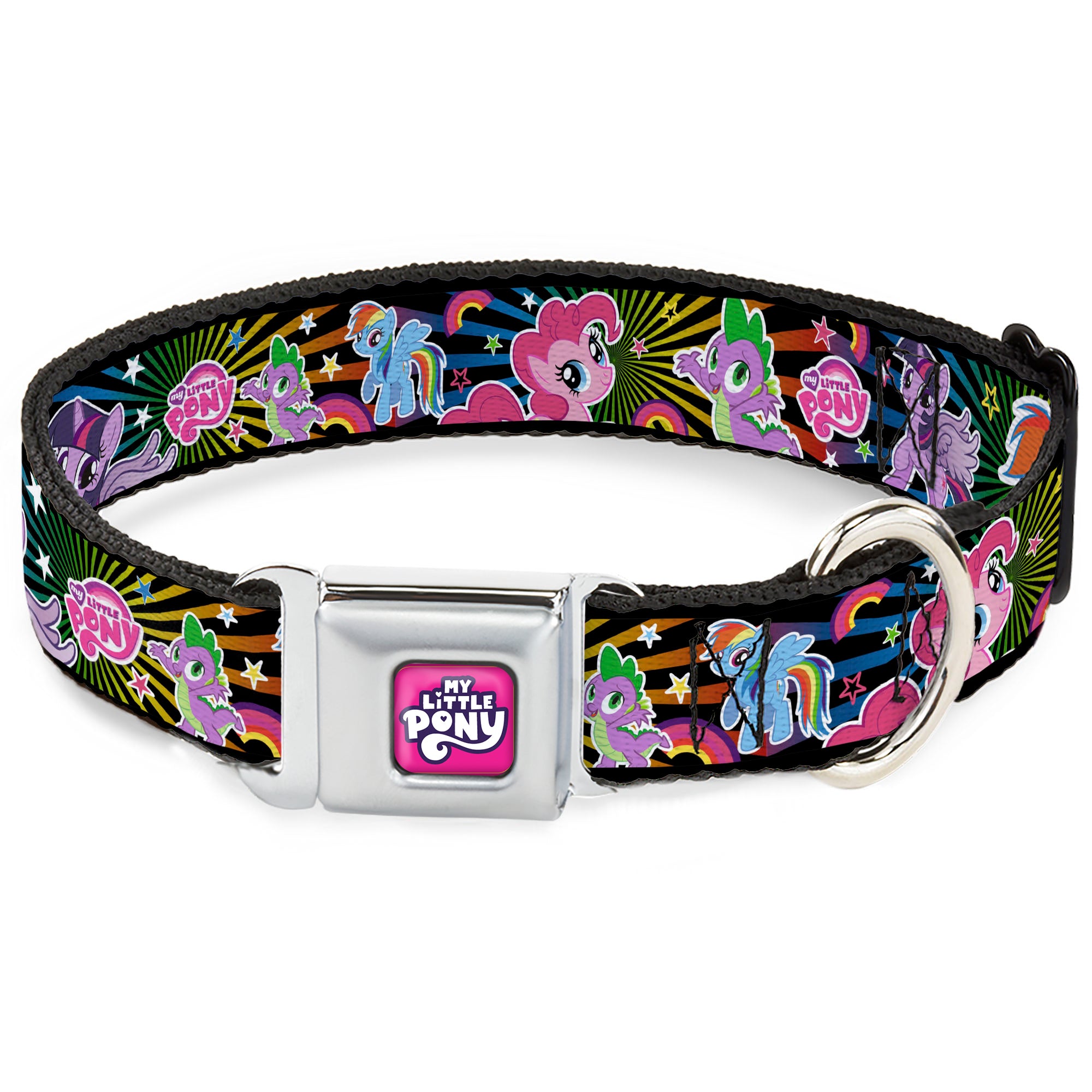 MY LITTLE PONY Title Logo Full Color Pink/Purple/White Seatbelt Buckle Collar - My Little Pony Three Ponies and Spike Sunburst Collage Black/Multi Color Seatbelt Buckle Collars My Little Pony
