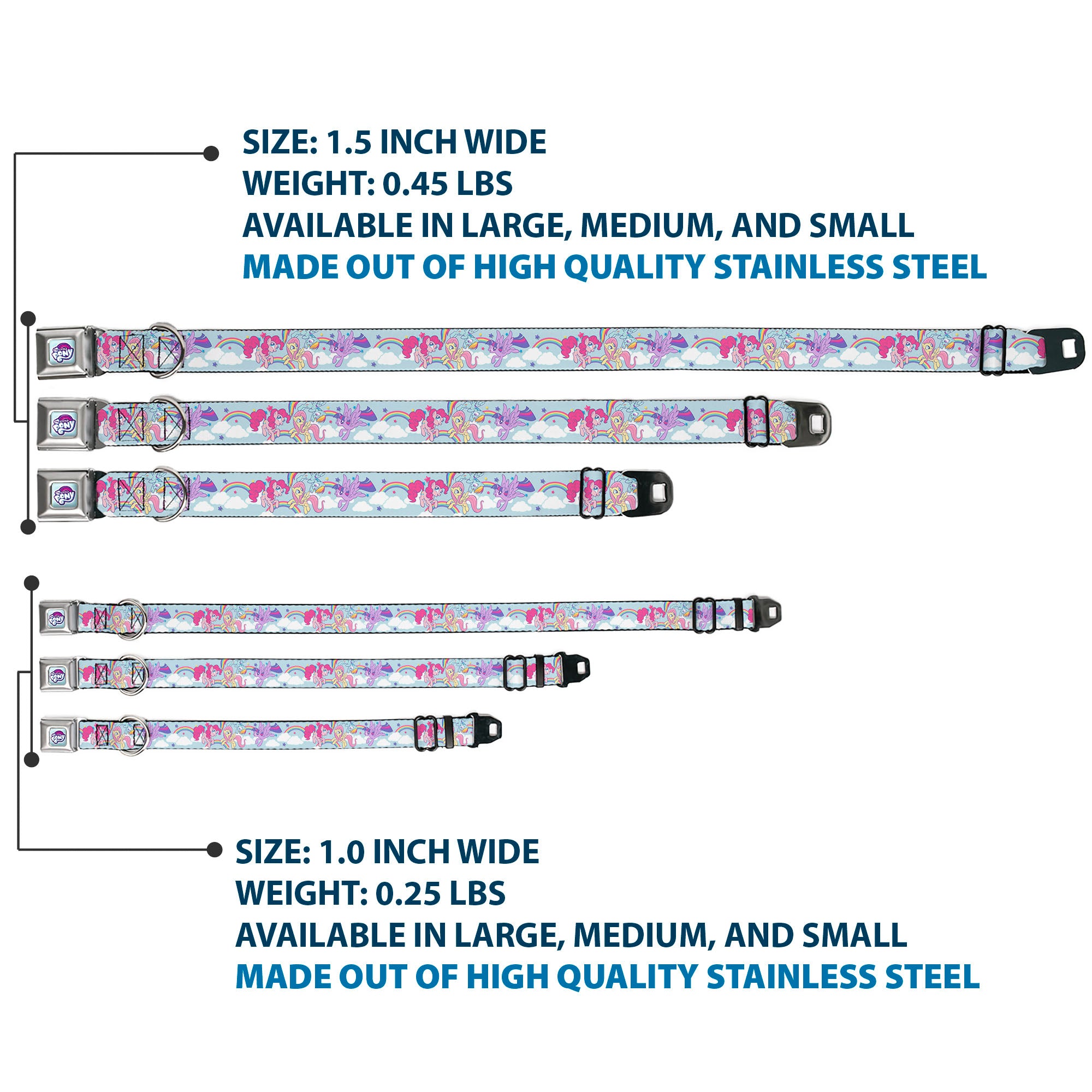 MY LITTLE PONY Title Logo Full Color Light Blue/Purple/Pinks/White Seatbelt Buckle Collar - My Little Pony Four Ponies and Rainbows Multi Pastel Seatbelt Buckle Collars My Little Pony