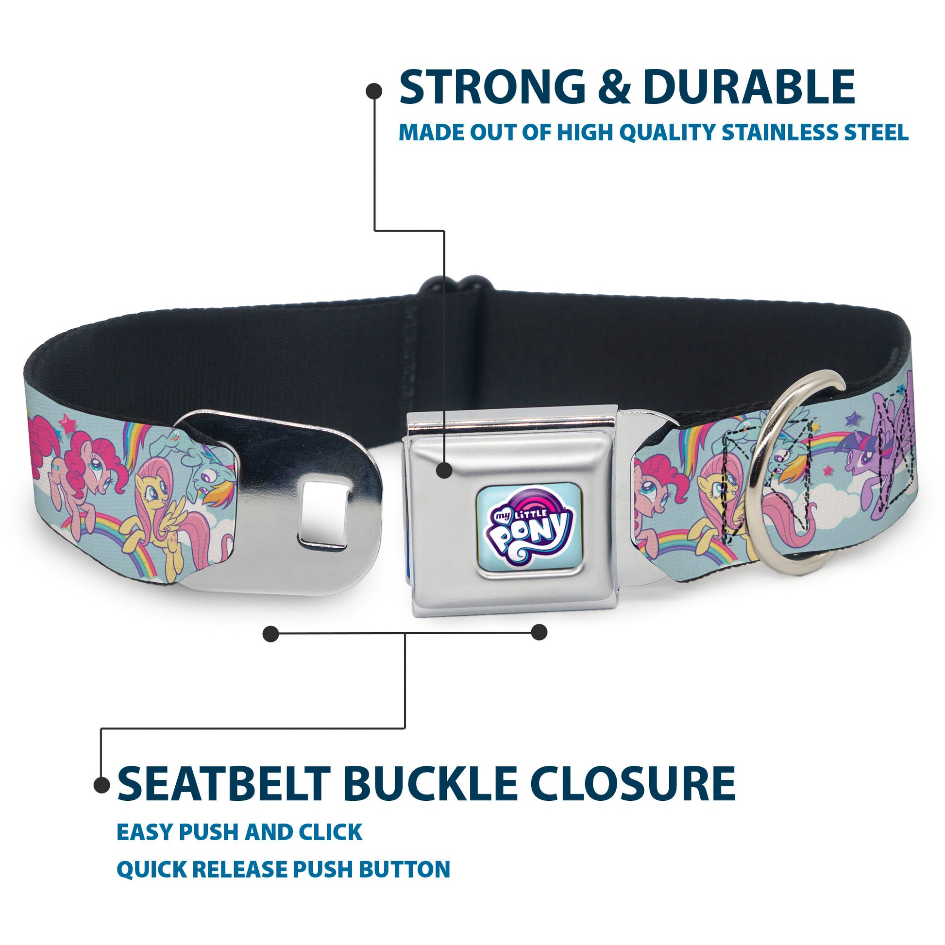MY LITTLE PONY Title Logo Full Color Light Blue/Purple/Pinks/White Seatbelt Buckle Collar - My Little Pony Four Ponies and Rainbows Multi Pastel Seatbelt Buckle Collars My Little Pony