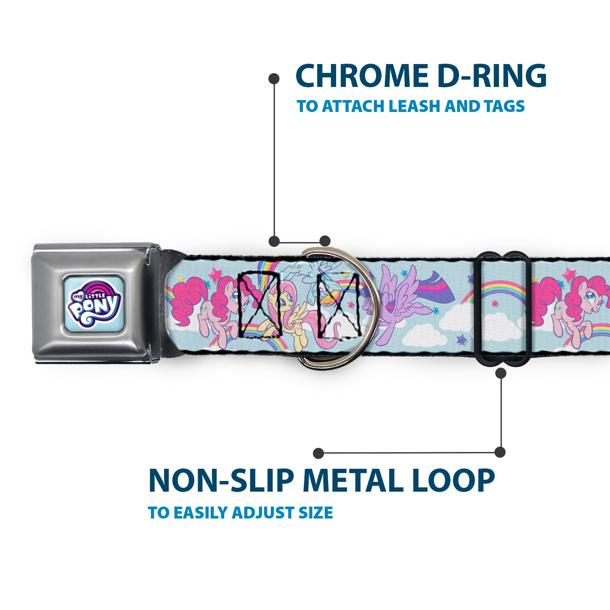 MY LITTLE PONY Title Logo Full Color Light Blue/Purple/Pinks/White Seatbelt Buckle Collar - My Little Pony Four Ponies and Rainbows Multi Pastel Seatbelt Buckle Collars My Little Pony