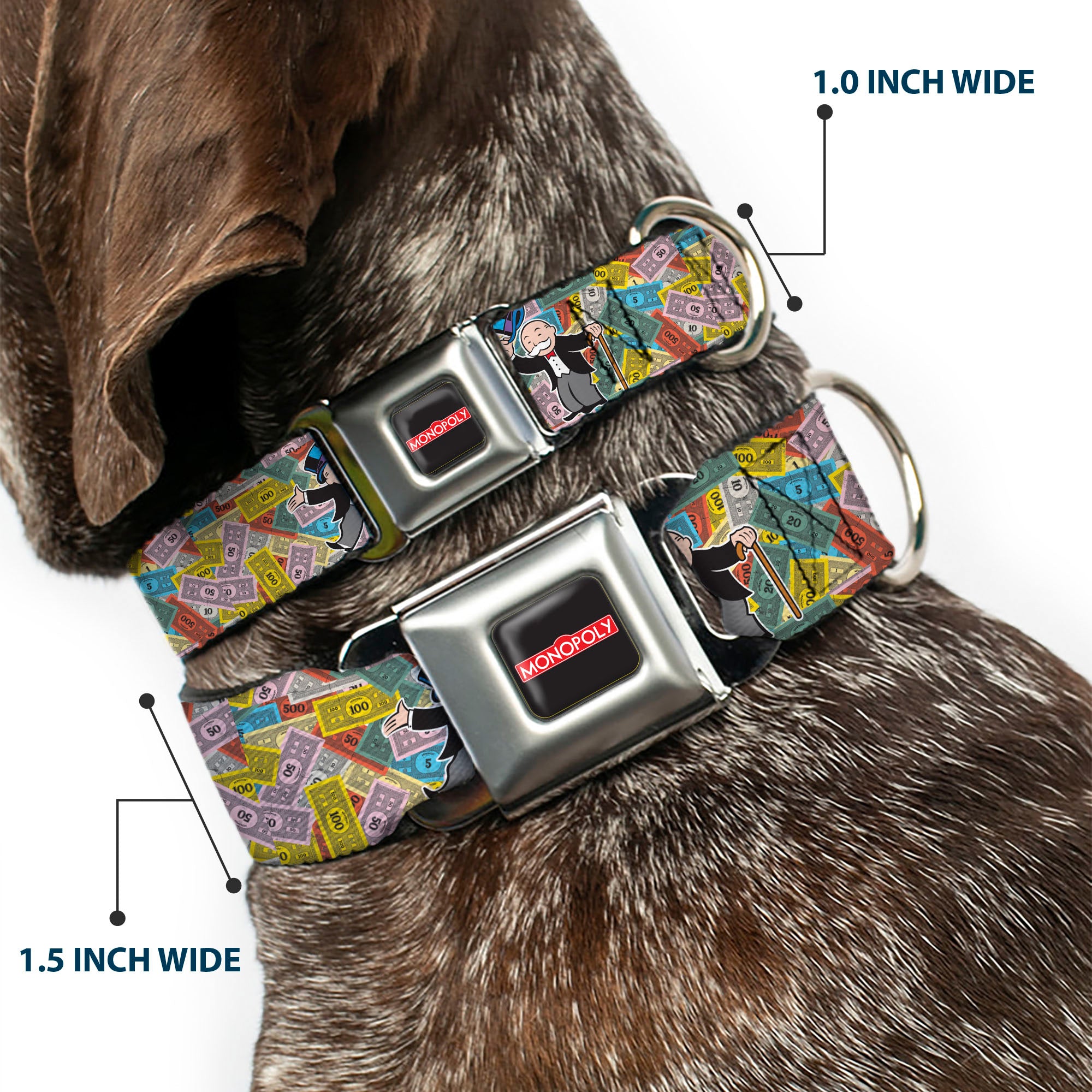 MONOPOLY Logo Full Color Black/Red/White Seatbelt Buckle Collar - Mr. Monopoly MONEY TALKS Poses Multi Color Seatbelt Buckle Collars Monopoly