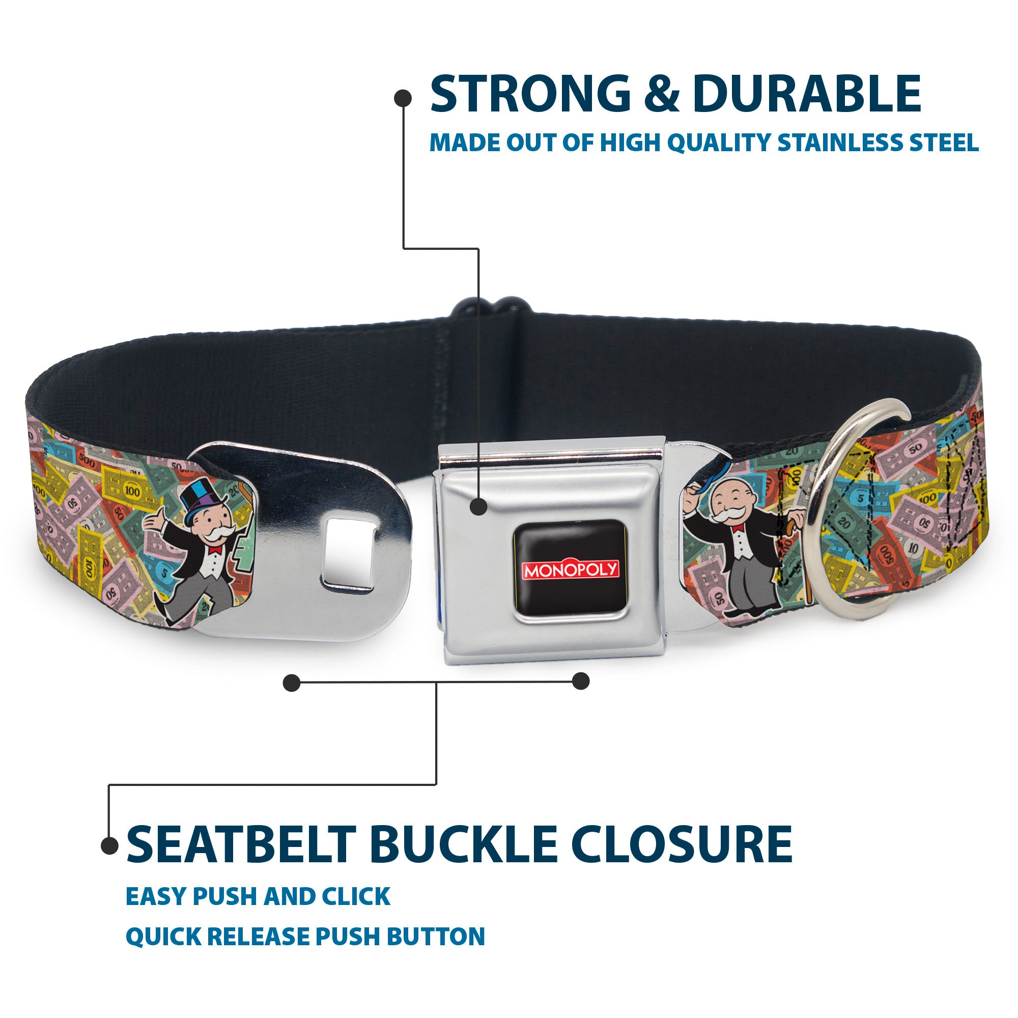 MONOPOLY Logo Full Color Black/Red/White Seatbelt Buckle Collar - Mr. Monopoly MONEY TALKS Poses Multi Color Seatbelt Buckle Collars Monopoly