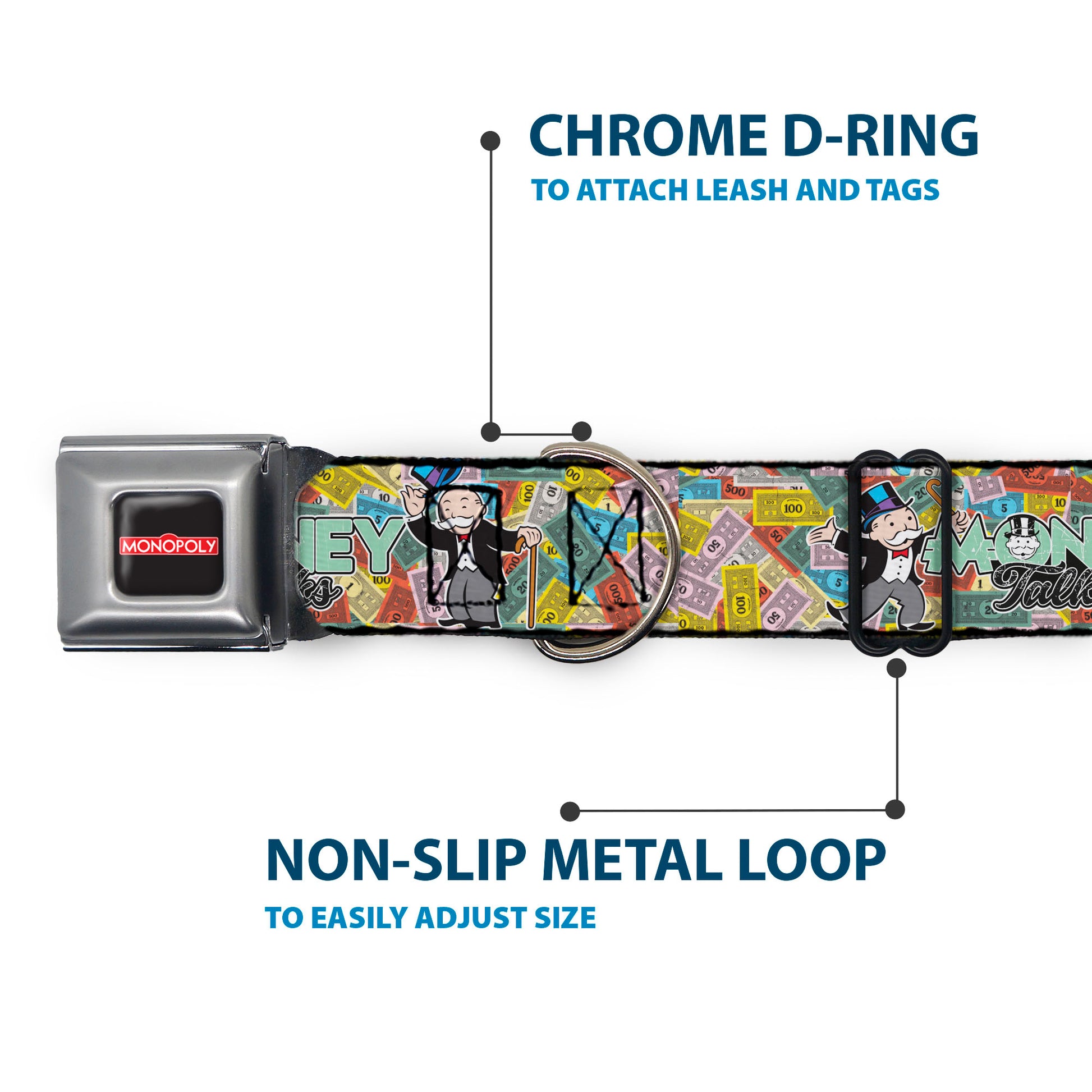 MONOPOLY Logo Full Color Black/Red/White Seatbelt Buckle Collar - Mr. Monopoly MONEY TALKS Poses Multi Color Seatbelt Buckle Collars Monopoly