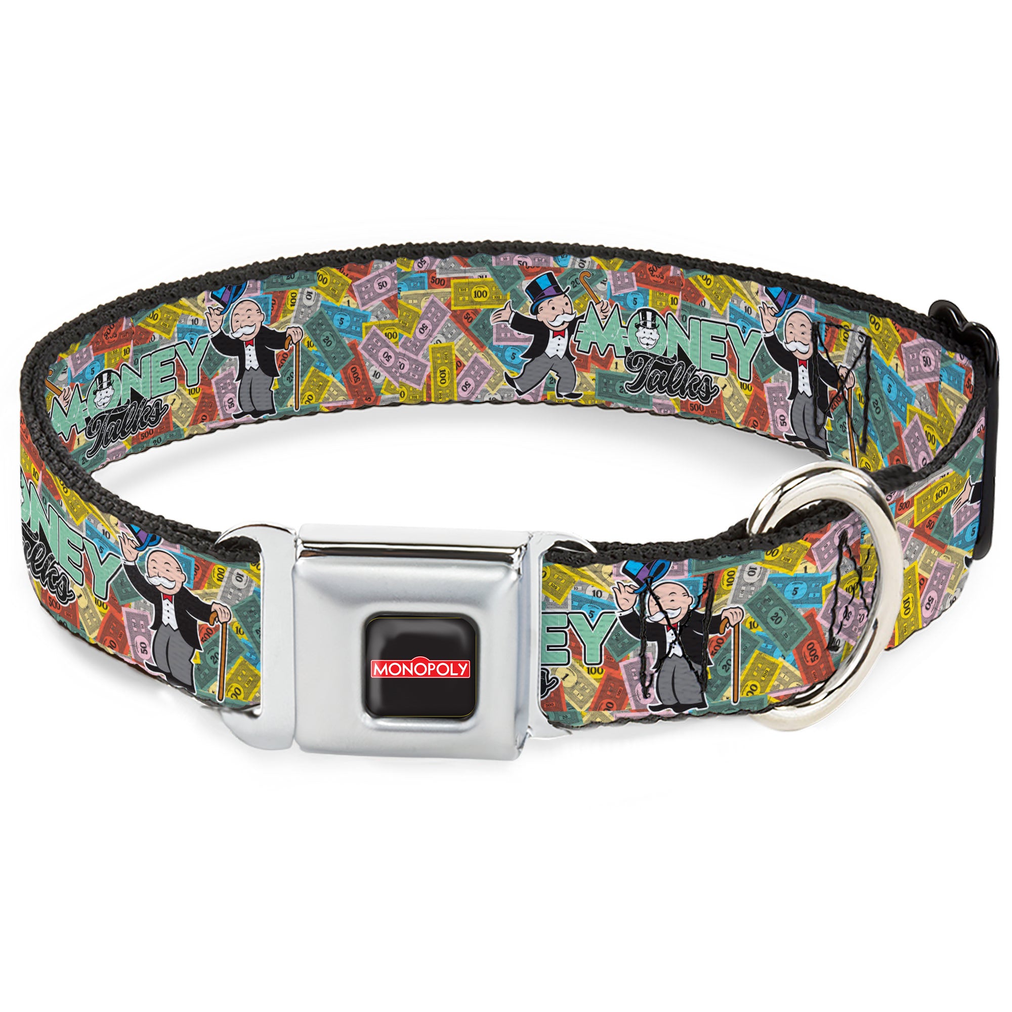 MONOPOLY Logo Full Color Black/Red/White Seatbelt Buckle Collar - Mr. Monopoly MONEY TALKS Poses Multi Color Seatbelt Buckle Collars Monopoly