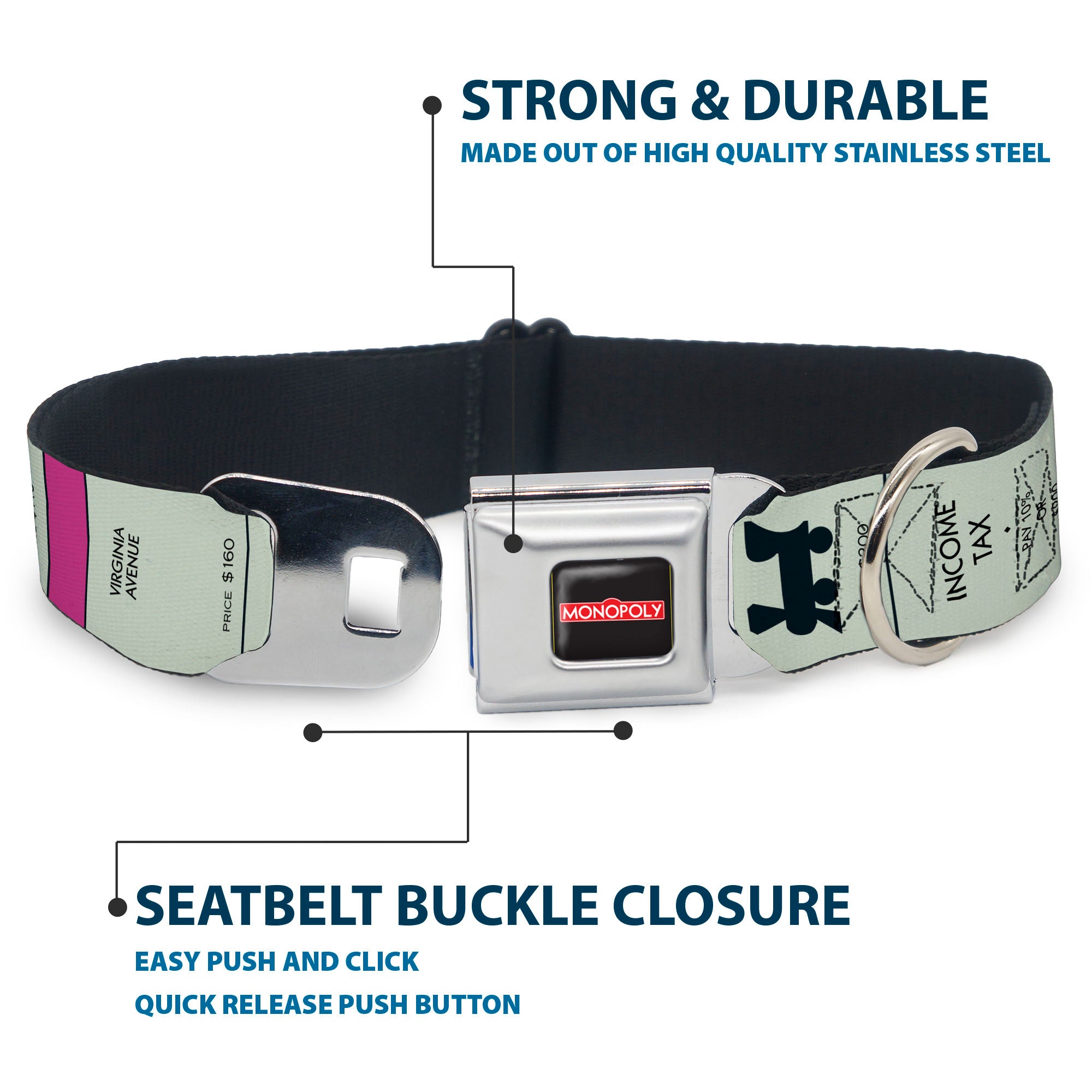 MONOPOLY Logo Full Color Black/Red/White Seatbelt Buckle Collar - Monopoly Game Board Spaces Seatbelt Buckle Collars Monopoly